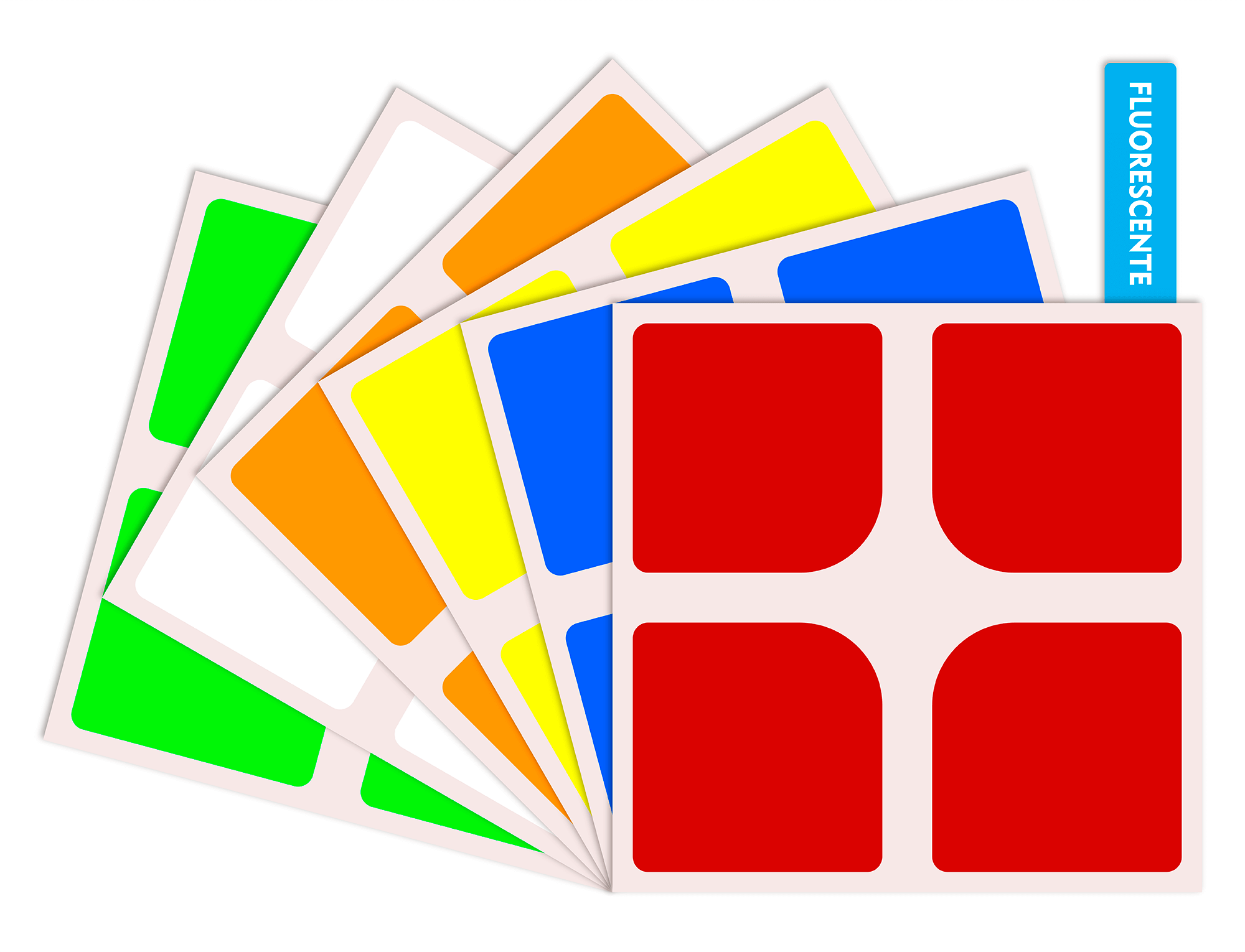 Adesivos individuais do kit 2x2 dispostos por cor sobre fundo neutro