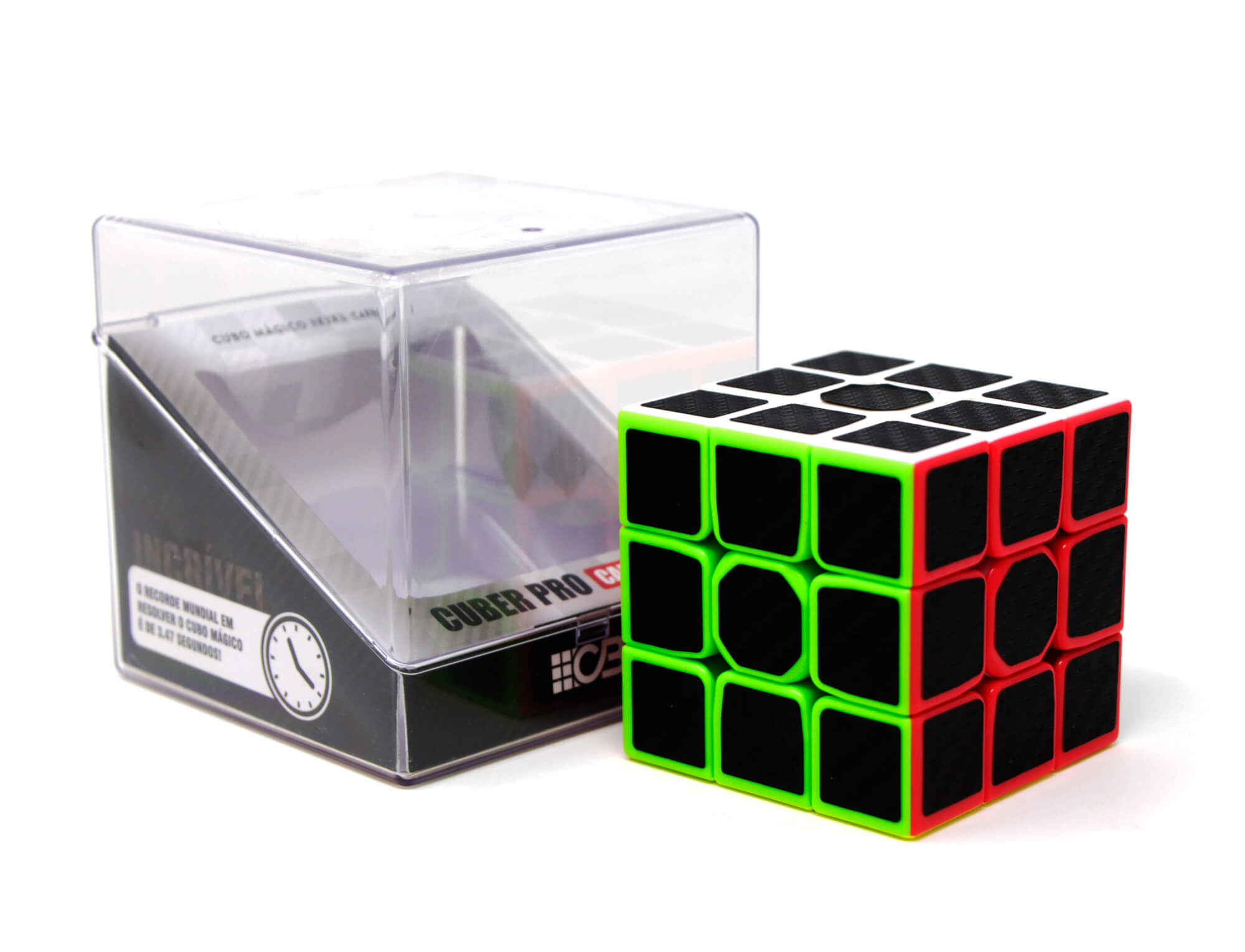 Cubo Mágico 3x3 Carbon Cuber Pro — ângulo lateral mostrando textura carbono nas peças