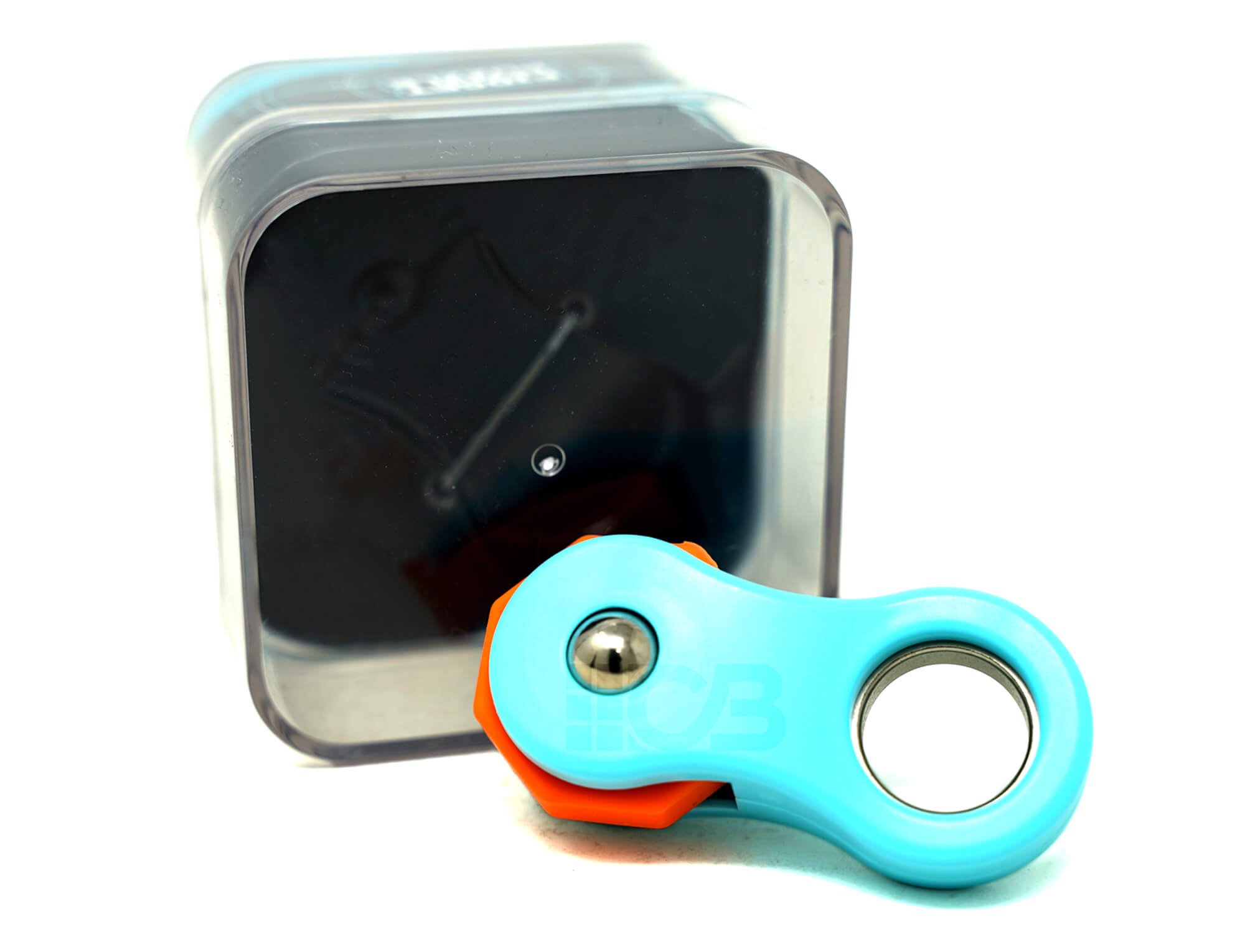 Fidget Roller QiYi azul dentro da embalagem de acrílico transparente