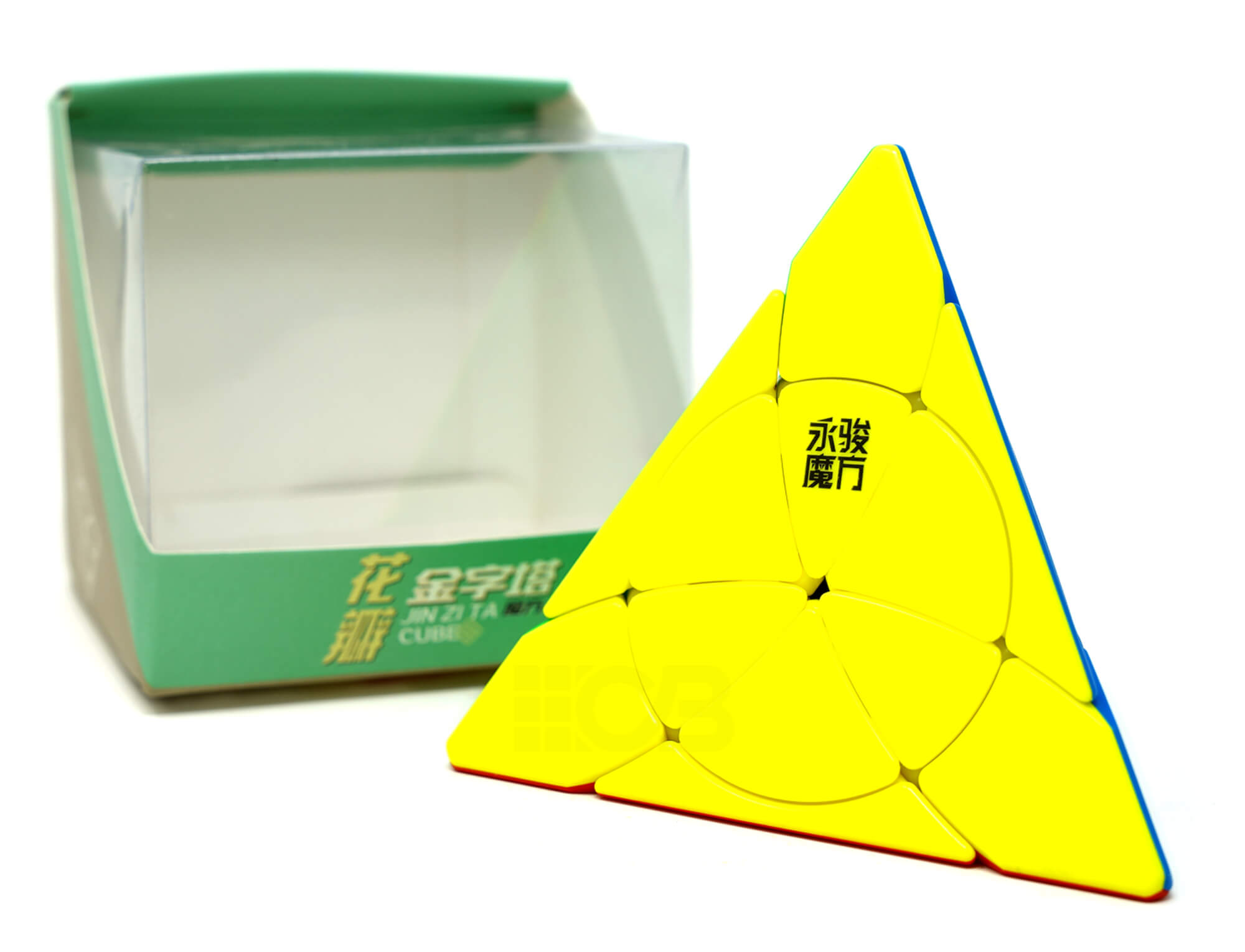 Pyraminx Petal YJ stickerless resolvido com todas as cores alinhadas, incluindo os círculos das faces