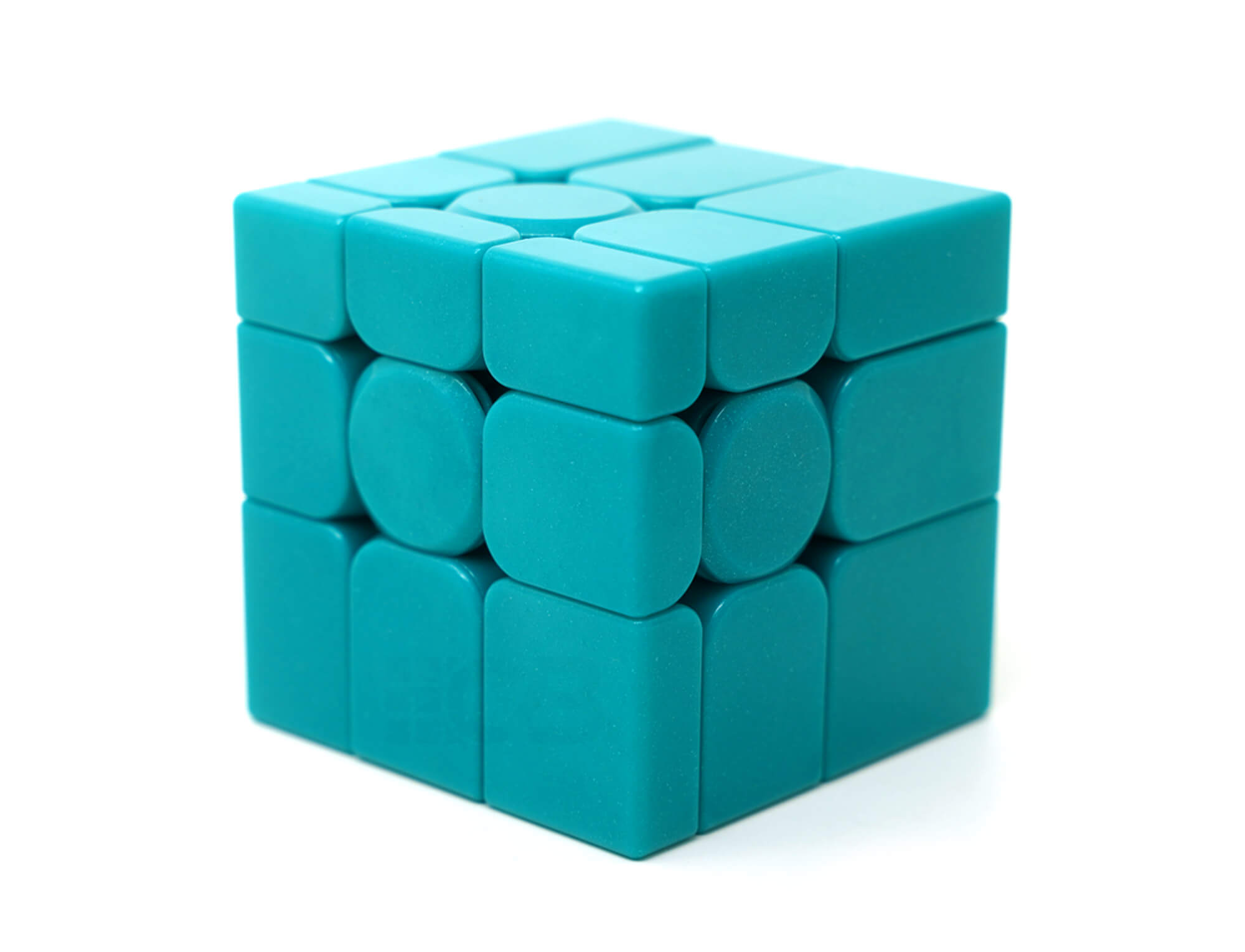 Mirror Blocks 3x3 MoYu V2 verde — vista frontal do cubo embaralhado mostrando as peças em alturas diferentes