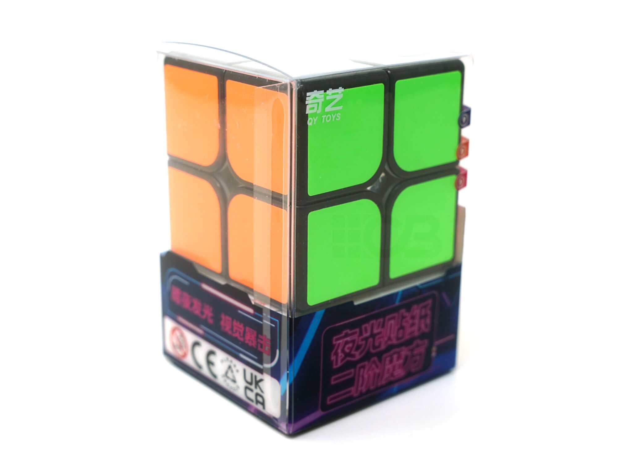 Cubo Mágico 2x2 Fluorescente QiYi com base preta e adesivos coloridos fluorescentes