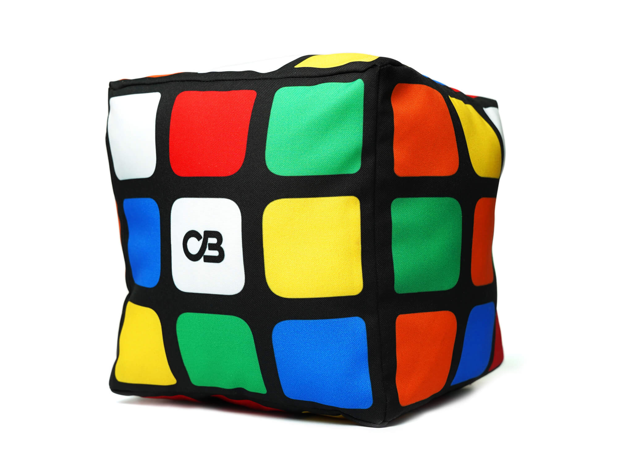 Detalhe da almofada Cubo Mágico média mostrando a impressão digital nas faces coloridas