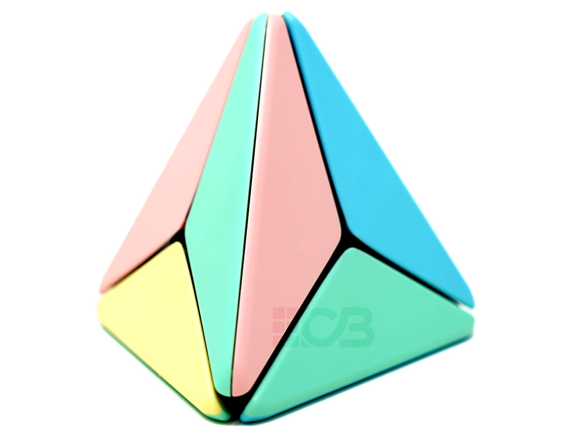 Pyraminx Boomerang Pastel MoYu — vista frontal do puzzle em cores pastel suaves