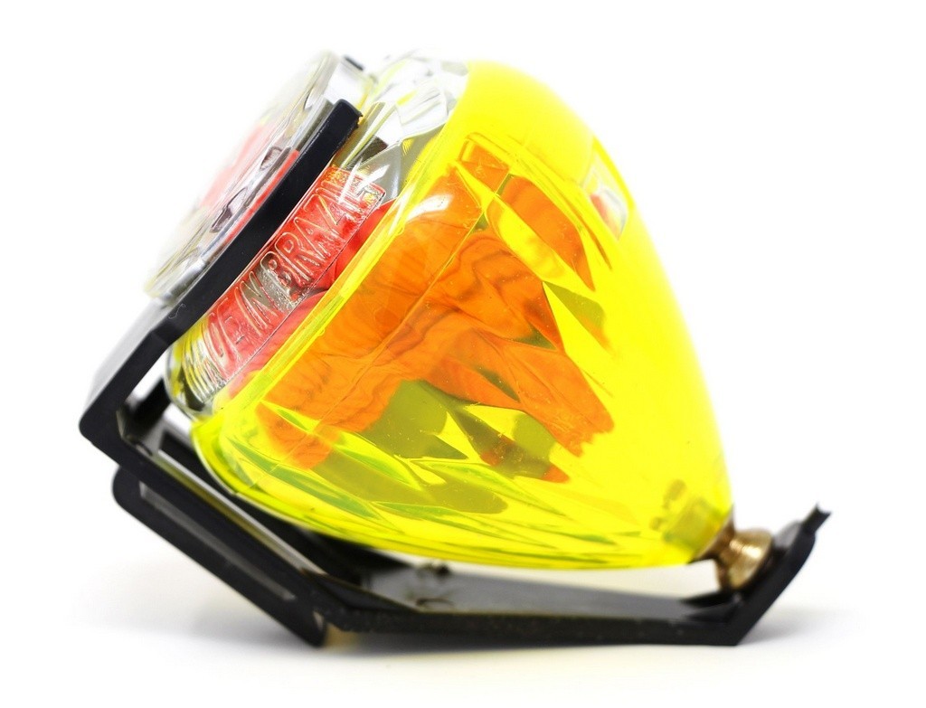 Pião Fênix Diamante amarelo com relevo interno no corpo e tampa, bico de aço e corda de poliéster
