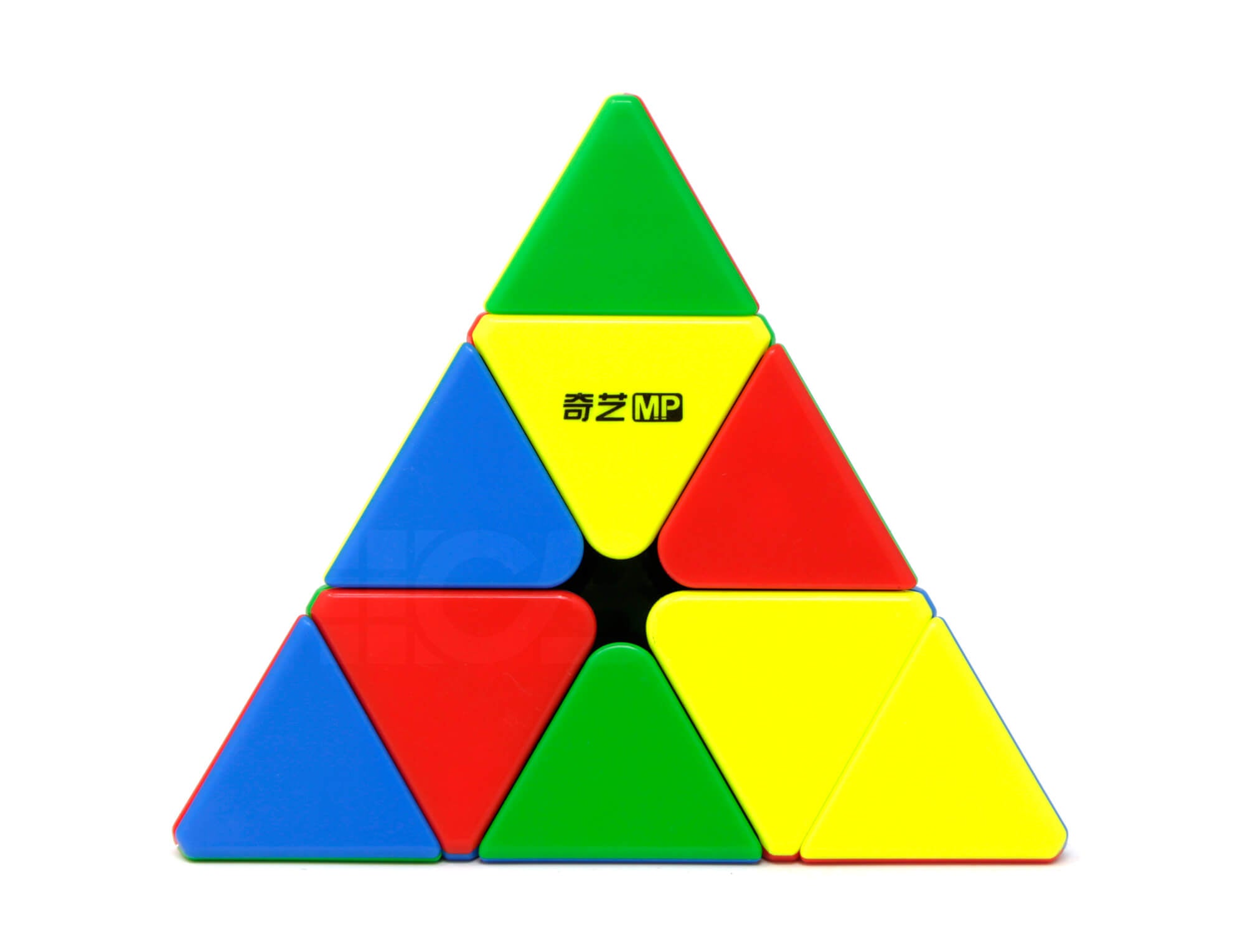 Pyraminx MP Magnético Stickerless QiYi — vista frontal mostrando as quatro faces coloridas