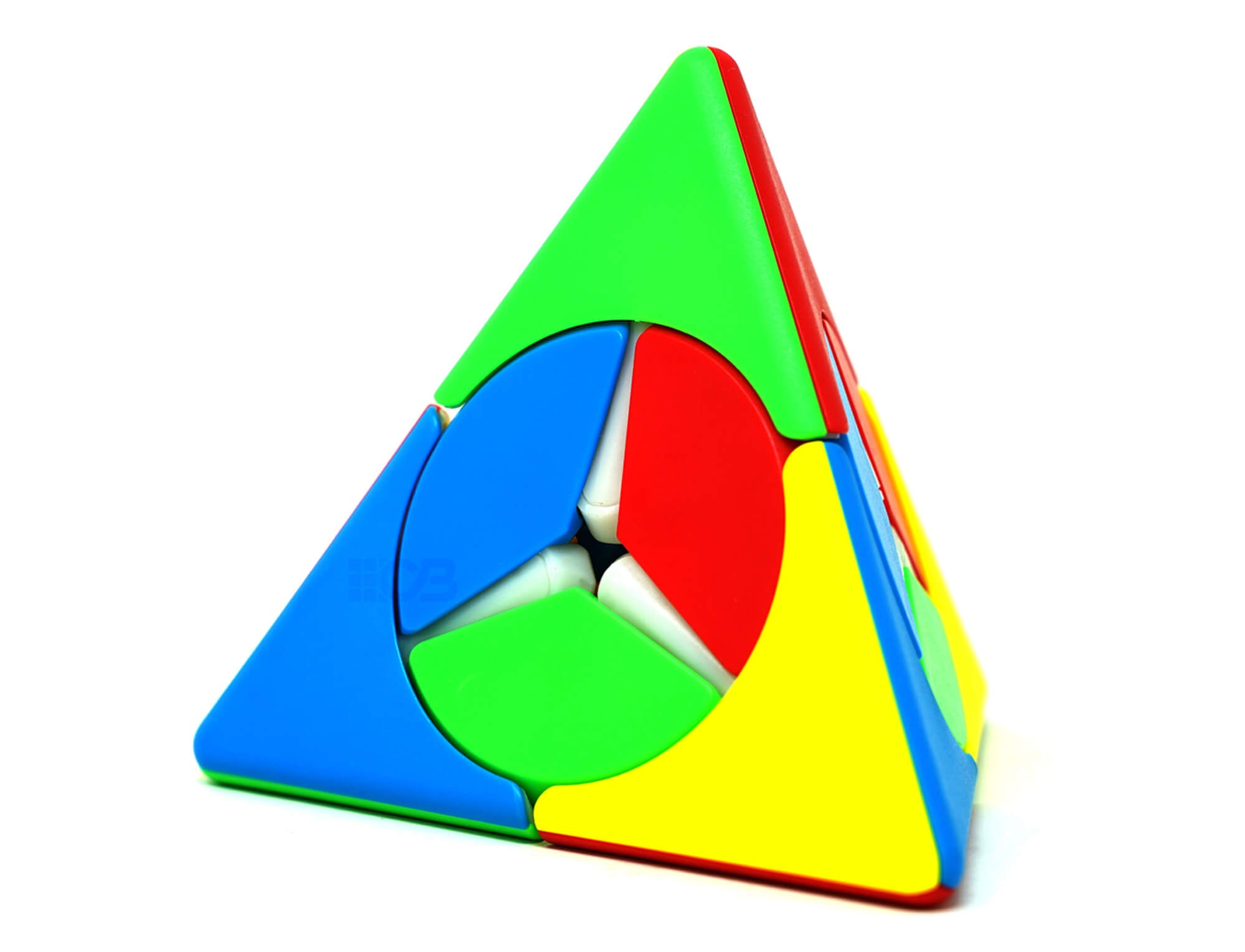Pyraminx Windmill Fanxin colorido com padrão de corte em espiral, vista frontal