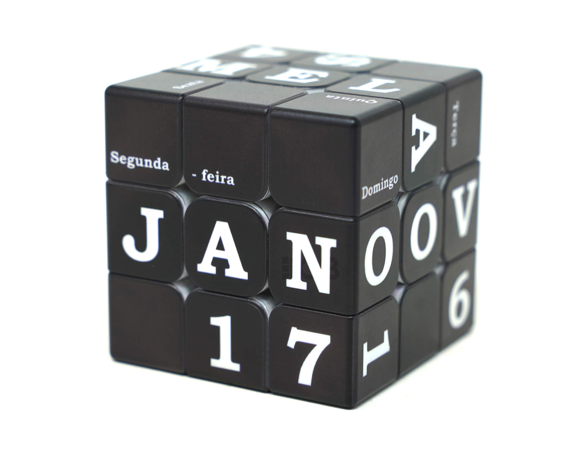 Cubo Mágico Calendário Vinci Cube com face exibindo dia, mês e dia da semana