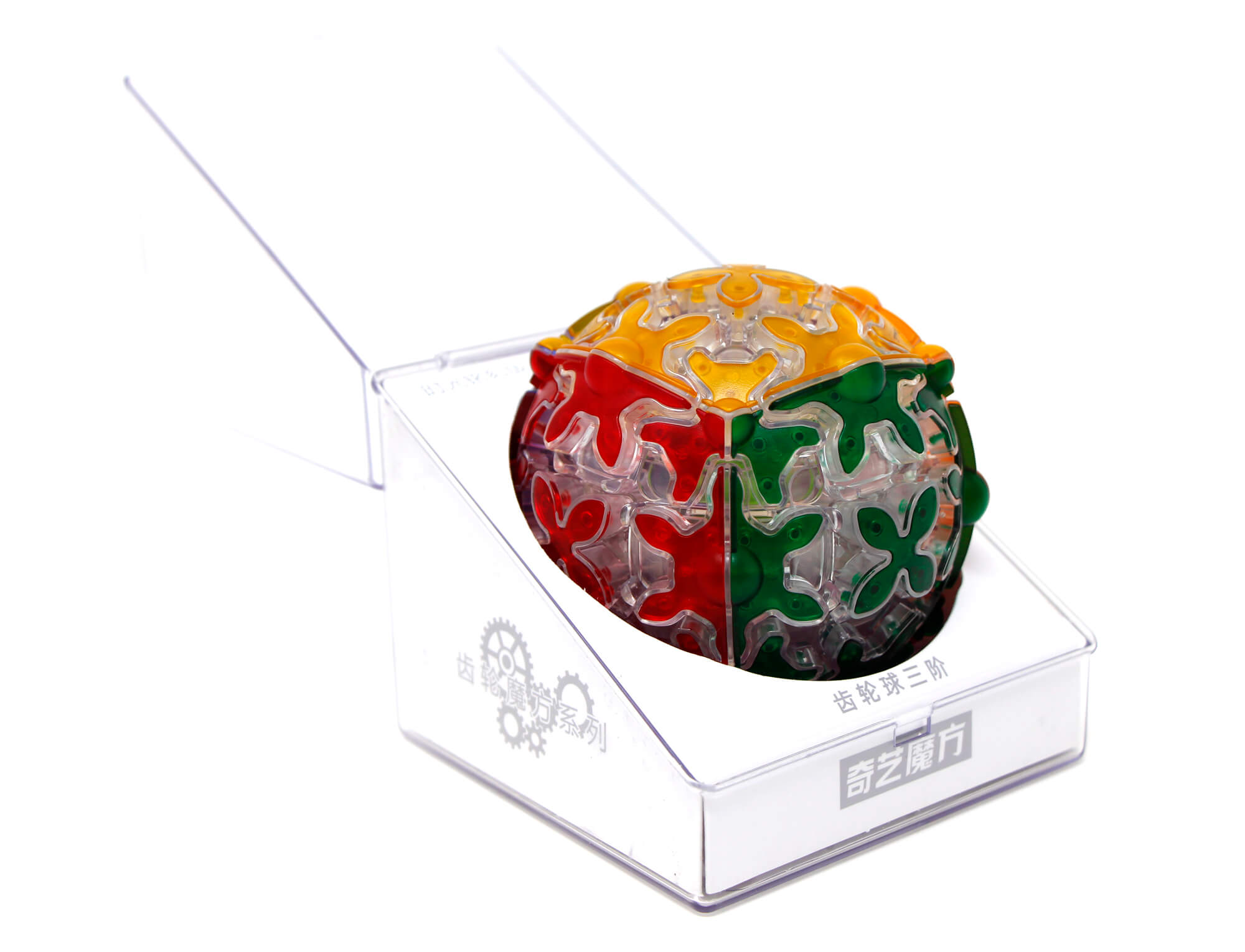 Gear Ball transparente QiYi em ângulo lateral destacando a estrutura esférica