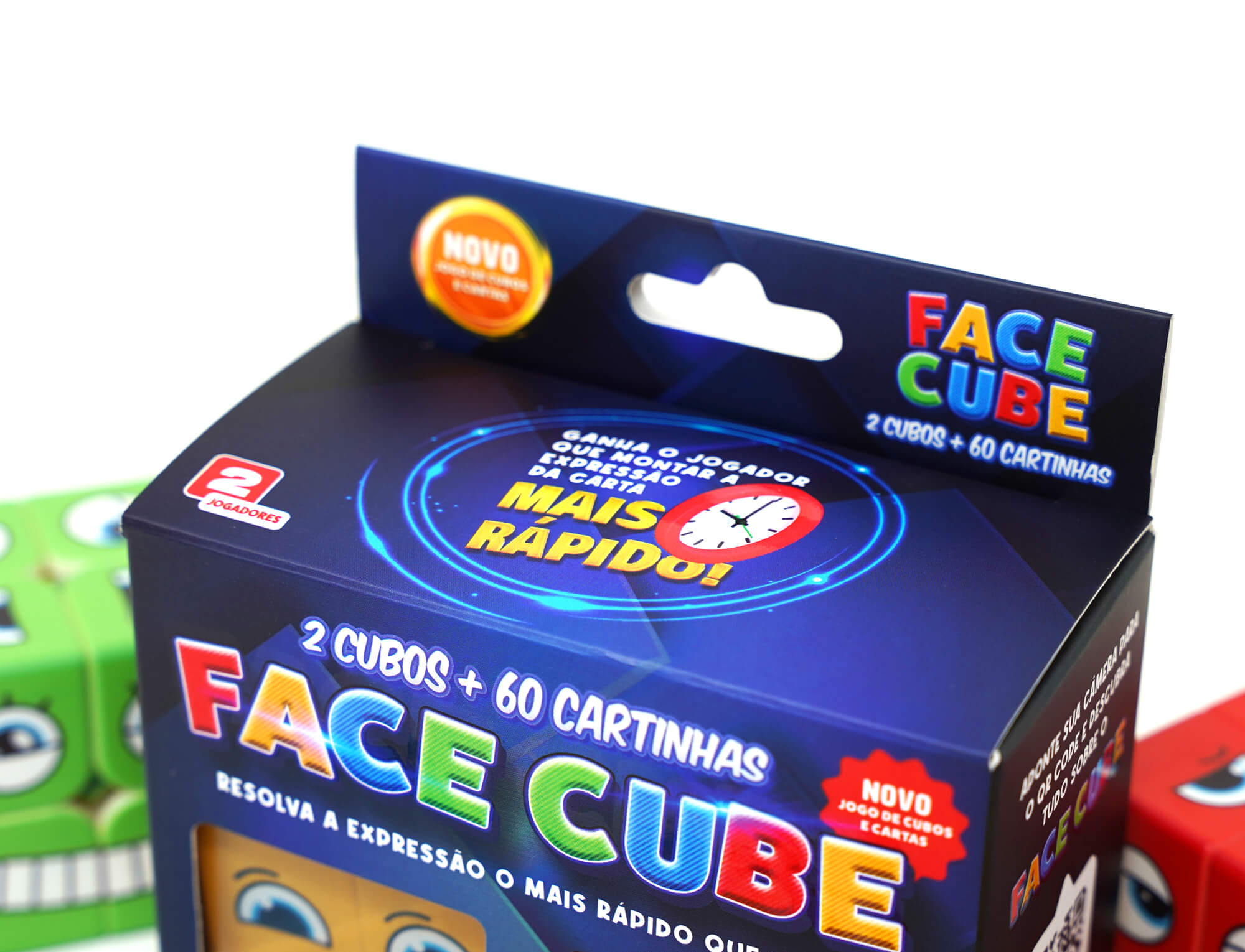Conteúdo completo do kit Face Cube: 2 cubos e baralho de 60 cartas