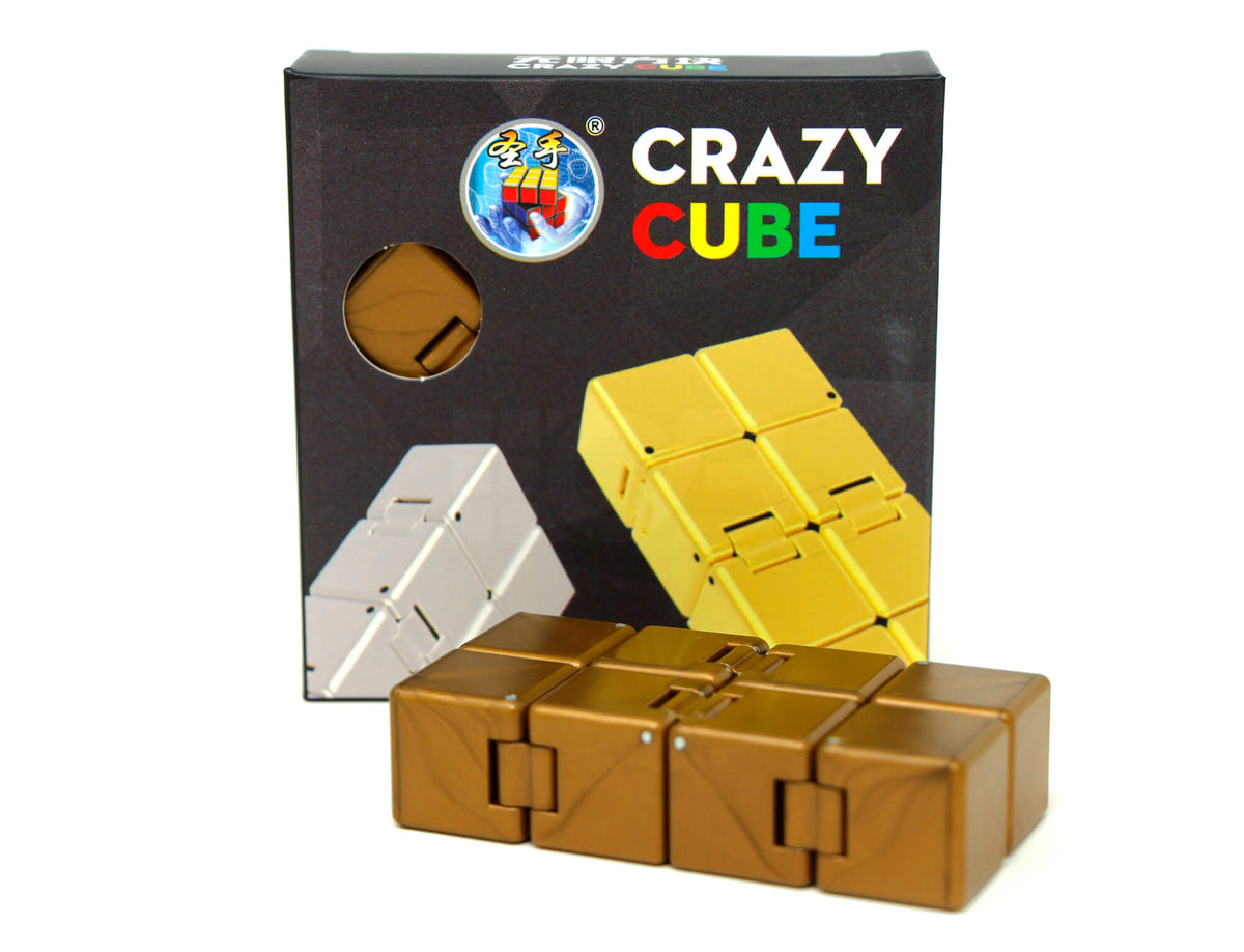 Cubo Infinito Dourado SengSo aberto ao lado da embalagem Crazy Cube