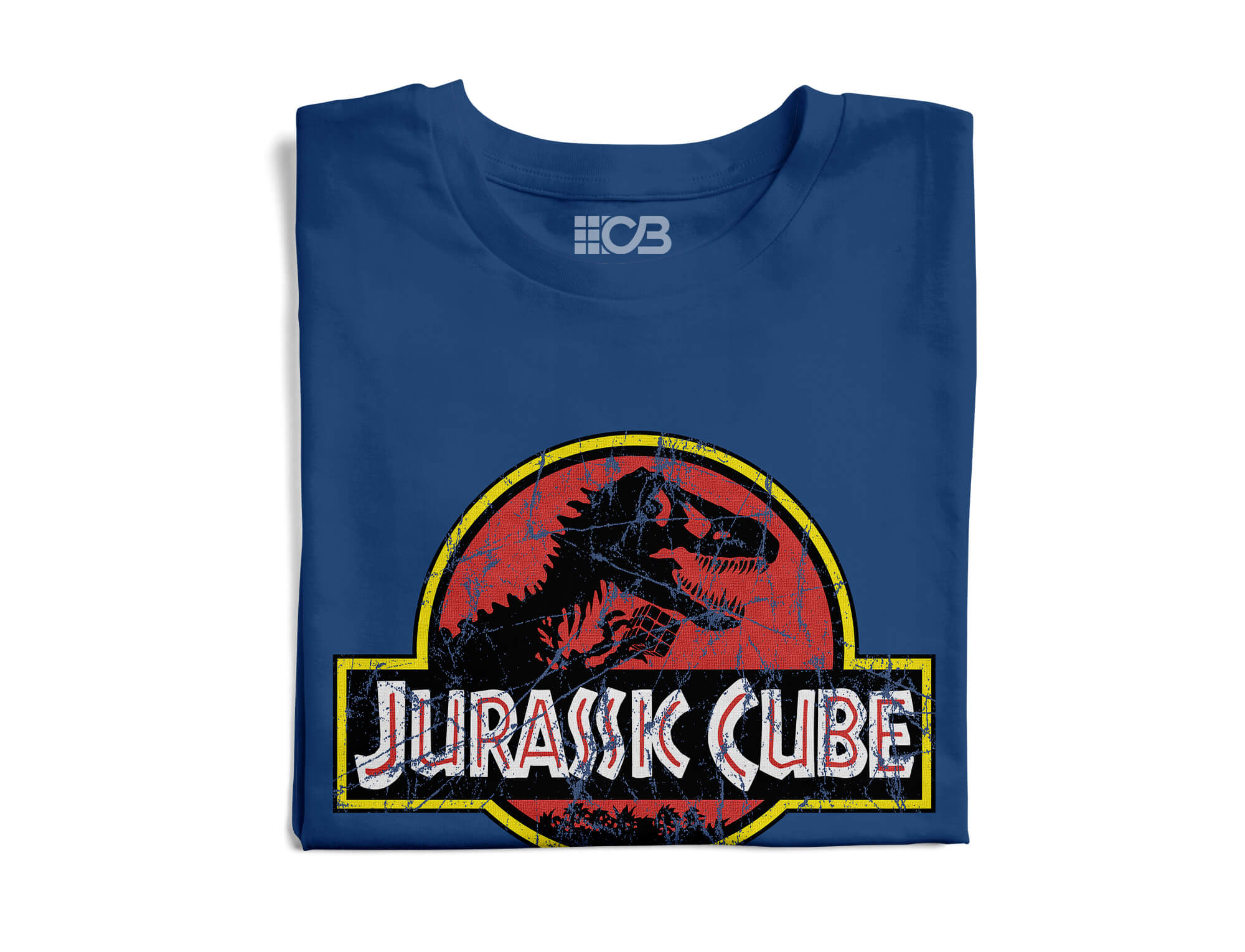Detalhe da estampa Jurassic Cube na camiseta masculina