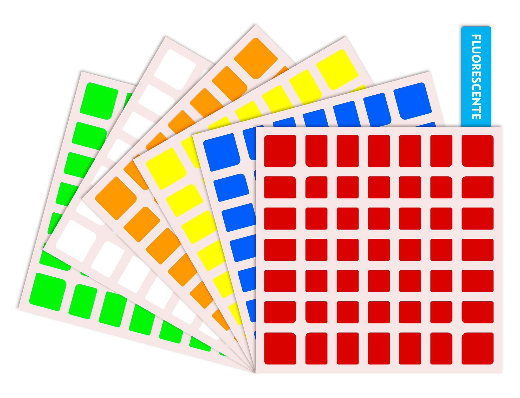 Adesivos coloridos do kit 7x7 organizados por cor para reposição