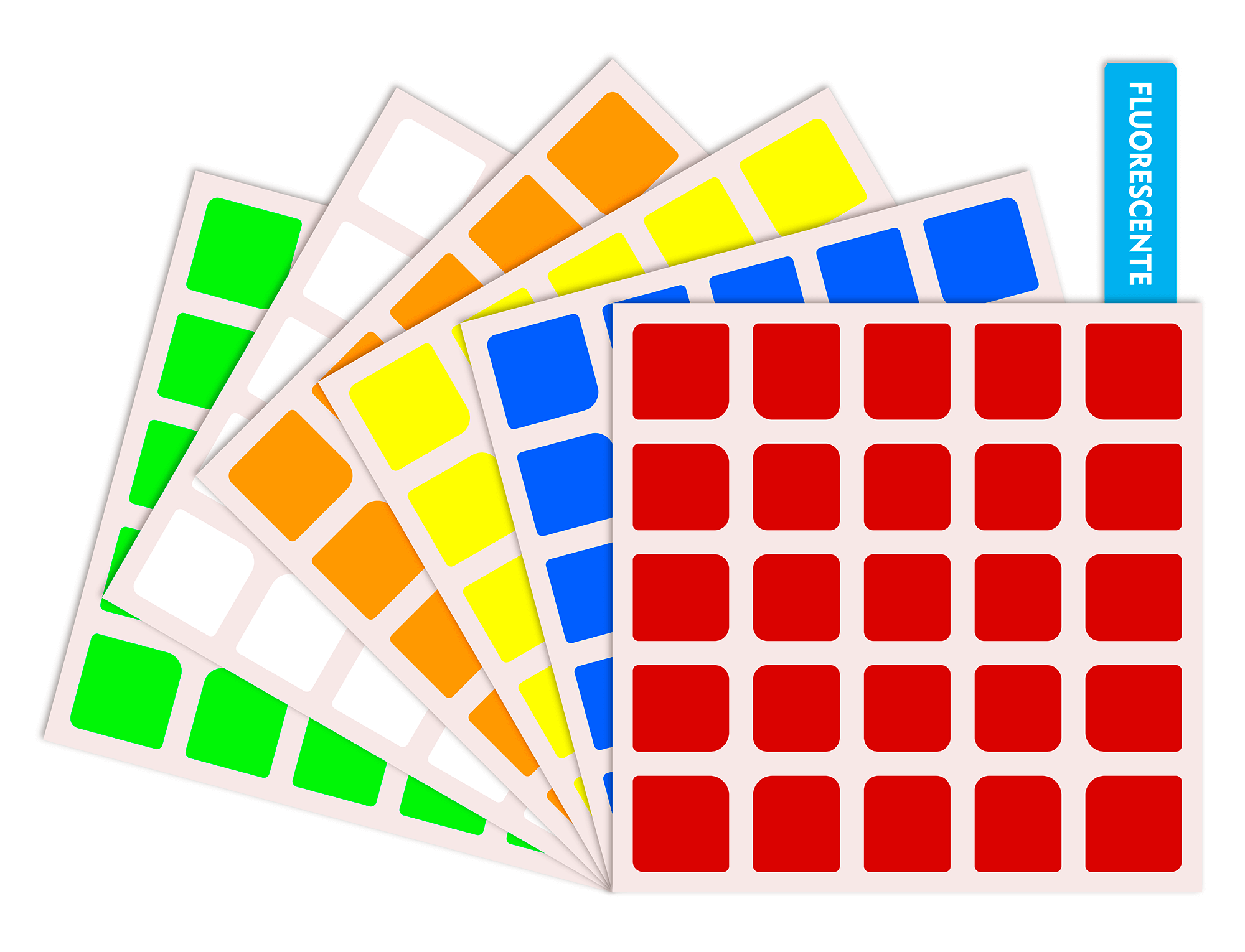 Adesivos do kit 5x5 dispostos por face mostrando as seis cores padrão
