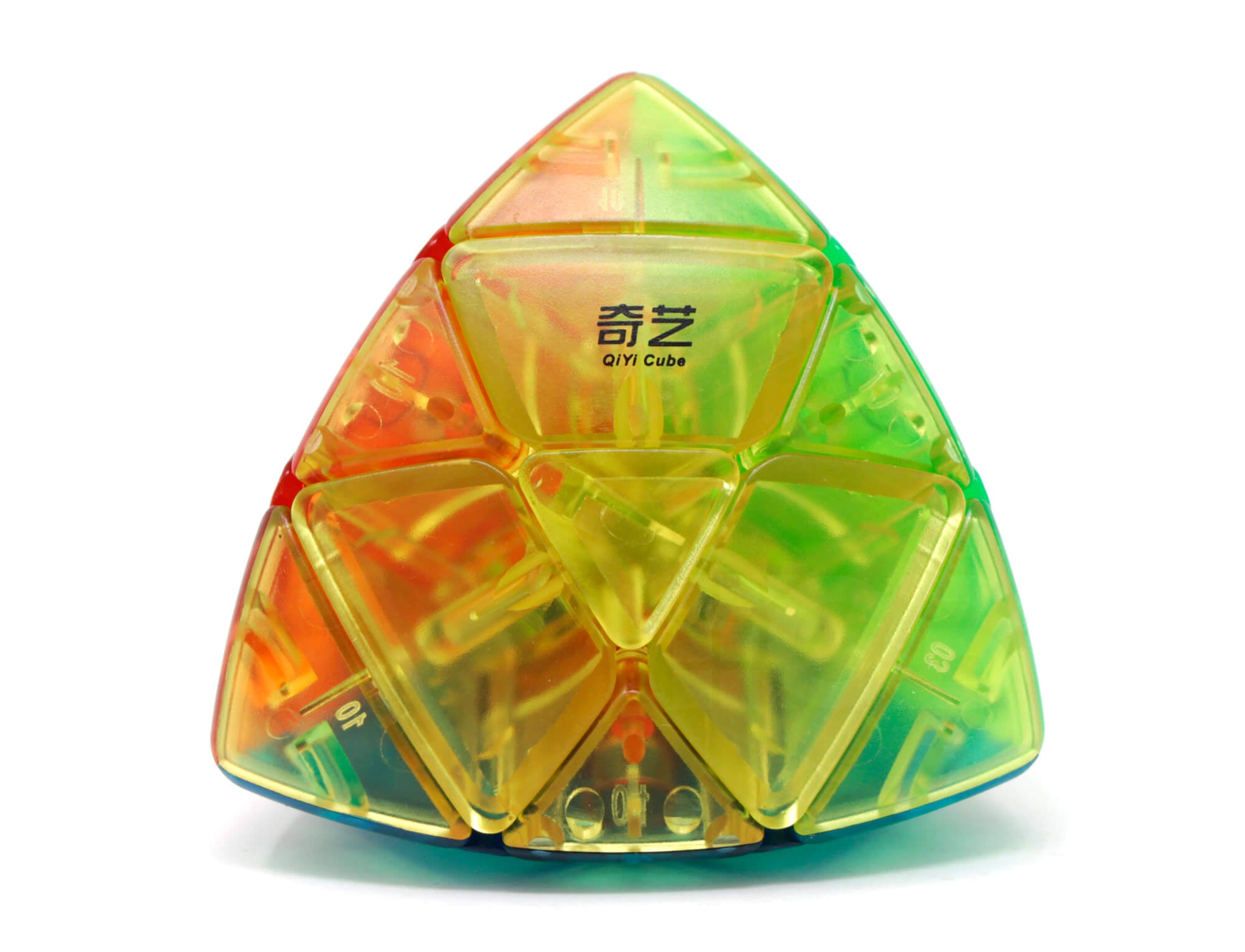 Mastermorphix QiYi transparente em formato de pirâmide arredondada, vista frontal