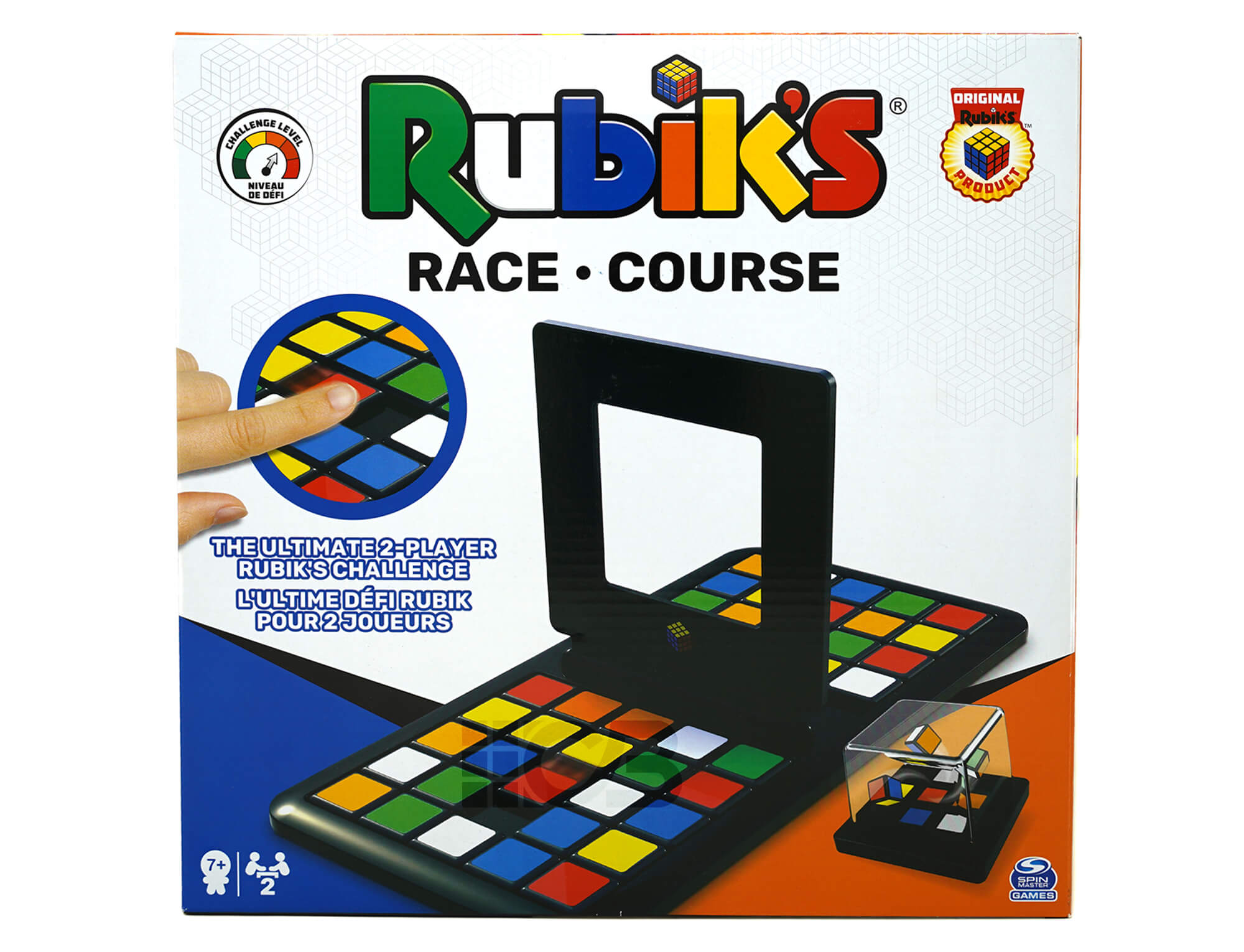 Caixa frontal do Rubik's Race com os dois tabuleiros deslizantes e as peças coloridas