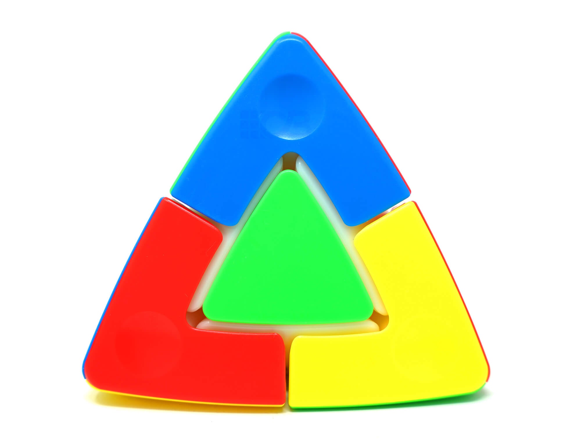 Pyraminx Duo SengSo stickerless — vista frontal mostrando as quatro faces coloridas
