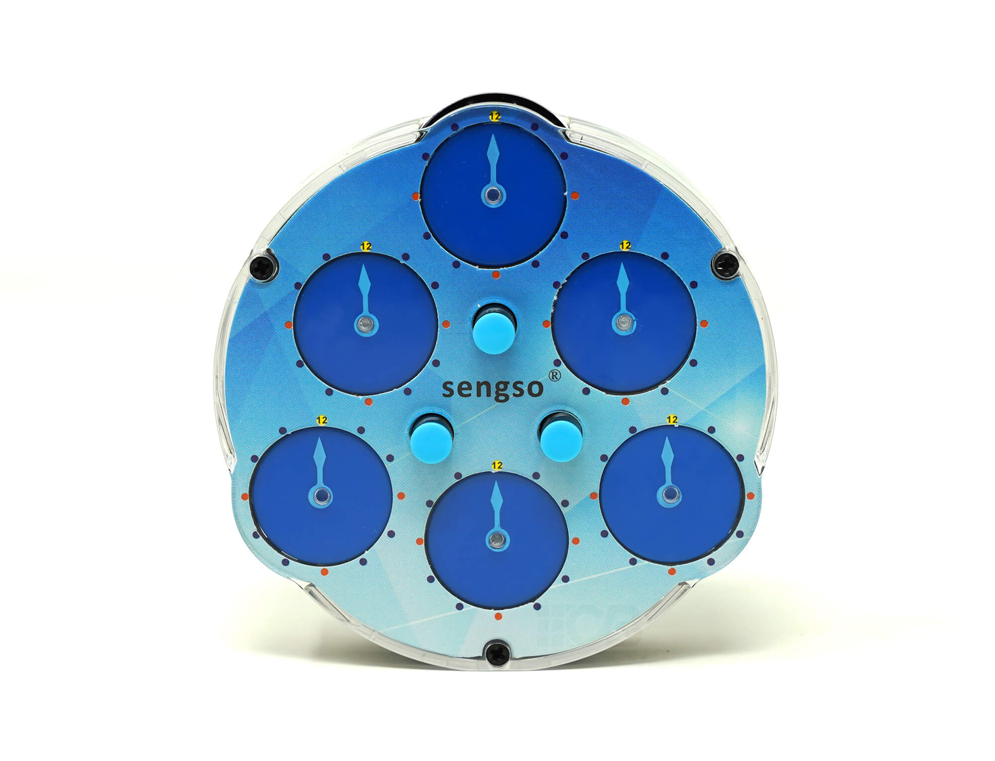 Clock SengSo 3 visto de frente mostrando os ponteiros das duas fileiras de relógios