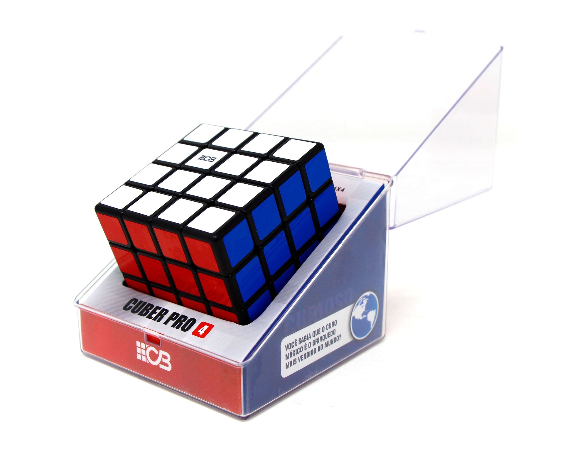 Cubo Mágico 4x4 Stickerless Cuber Pro — embalagem Cuber Brasil aberta com o cubo dentro
