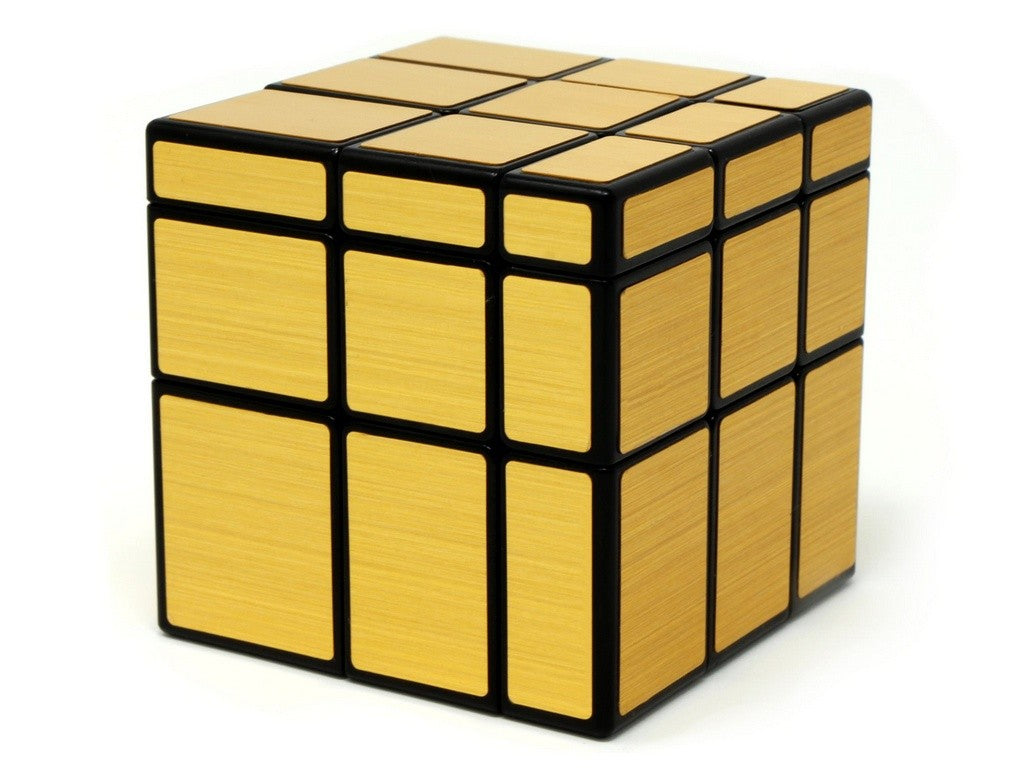 Mirror Blocks 3x3 QiYi Dourado resolvido em formato cúbico com contraste entre base preta e adesivos escovados dourados