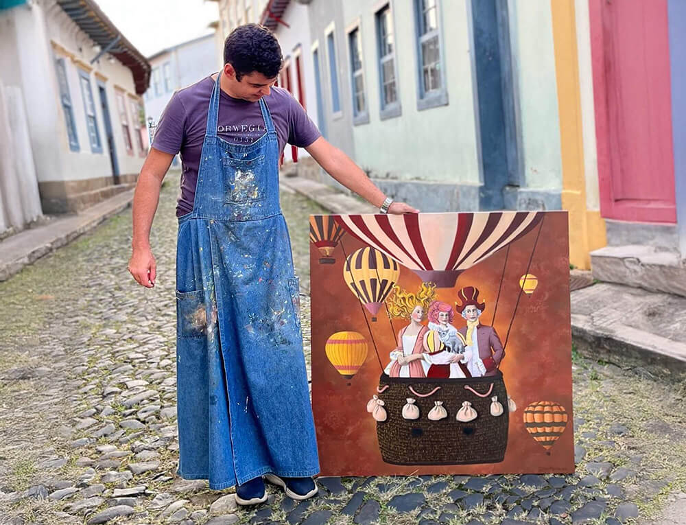 Detalhe das faces do Cubo Mágico Circo com palhaços e balões em impressão UV colorida