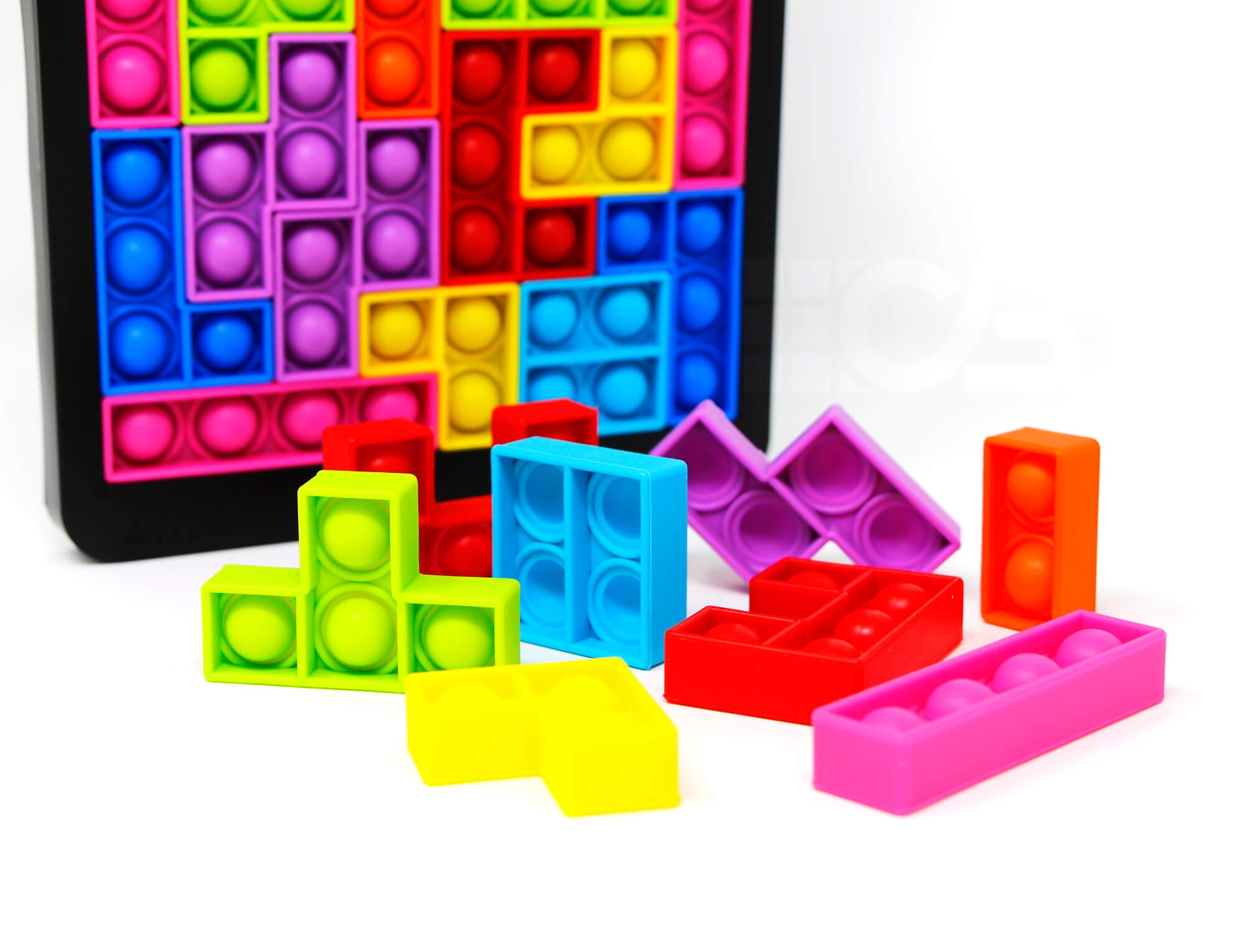Jogo Blocks Tetris Pop It Fidget completo com todas as peças organizadas no tabuleiro