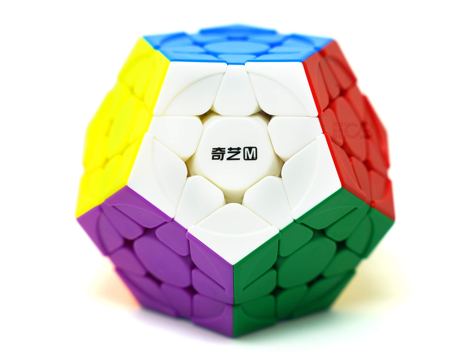Megaminx Qiheng QiYi stickerless em ângulo lateral destacando a estrutura dodecaédrica