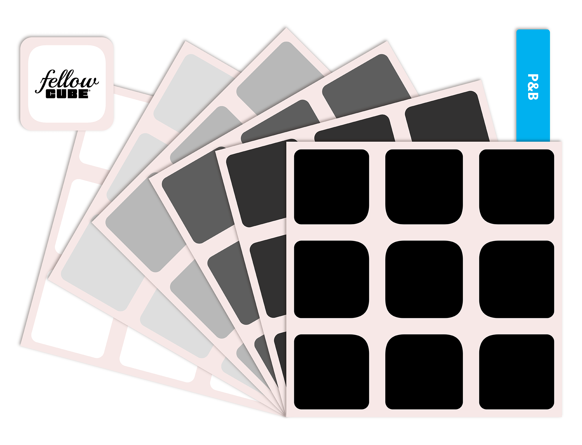 Detalhe das peças do kit adesivos Fellow Cube 3x3 com cores vivas