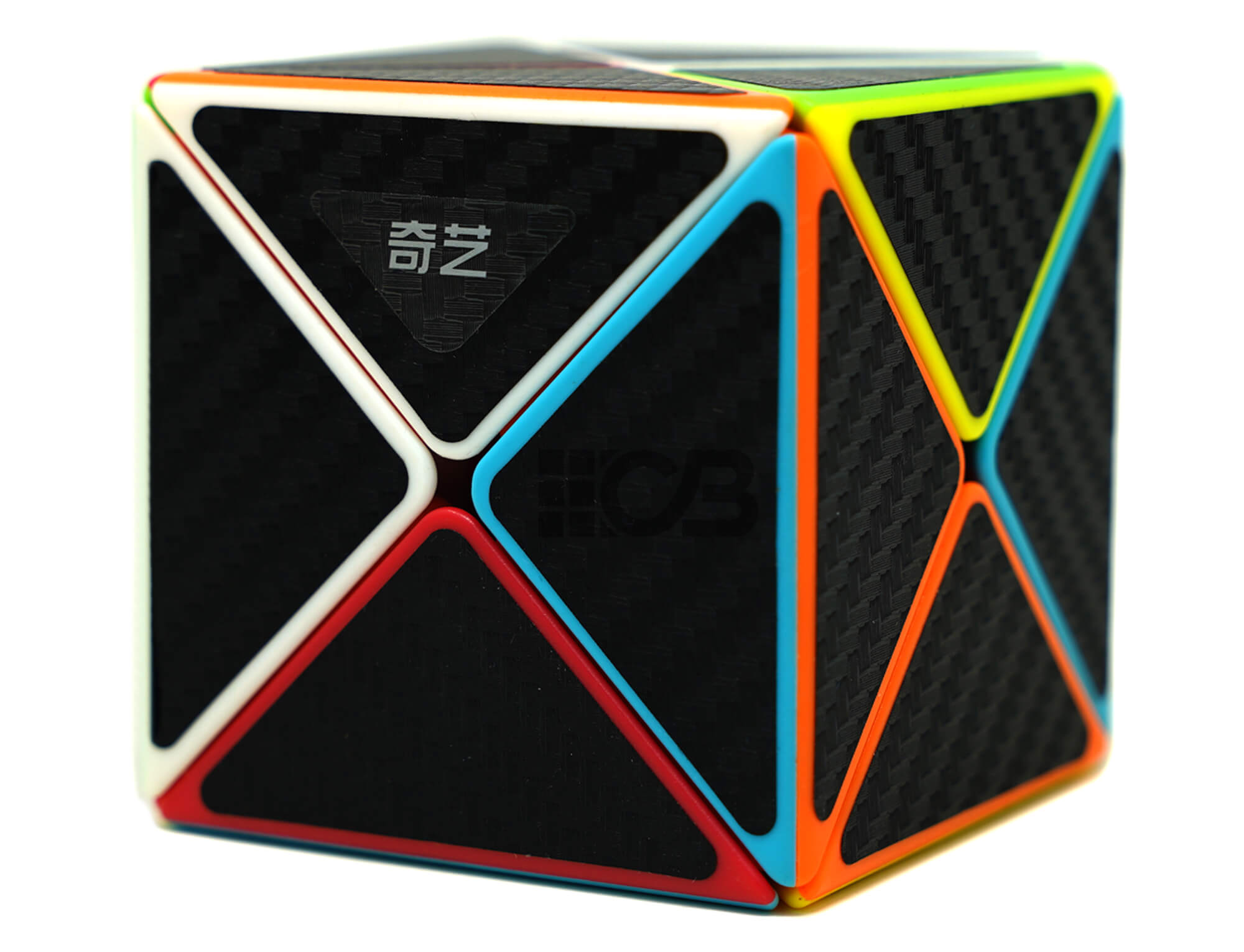 Dino Cube Carbon QiYi — vista frontal mostrando o formato de vértice com acabamento texturizado escuro