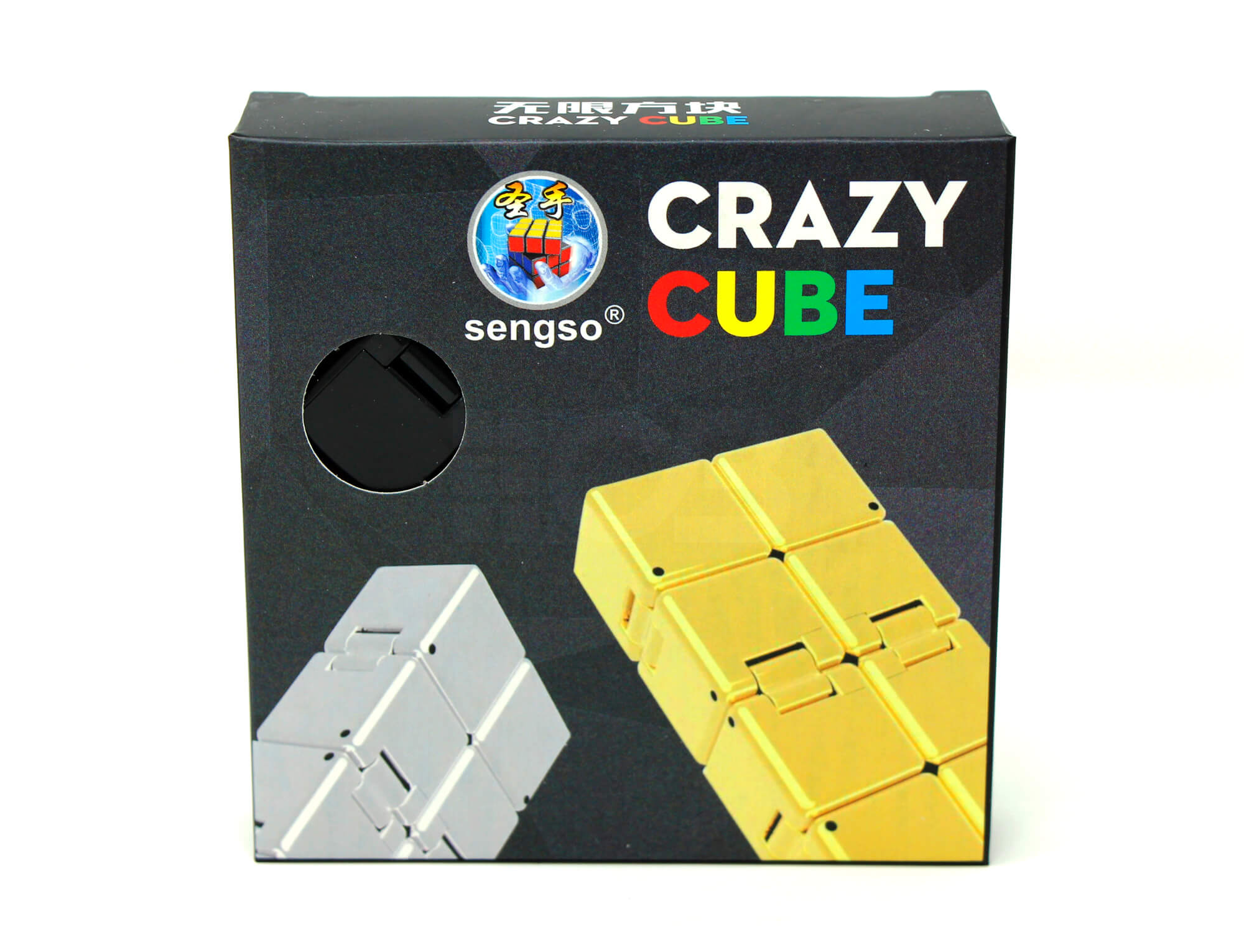 Cubo Infinito SengSo preto sobre superfície branca, embalagem ao lado