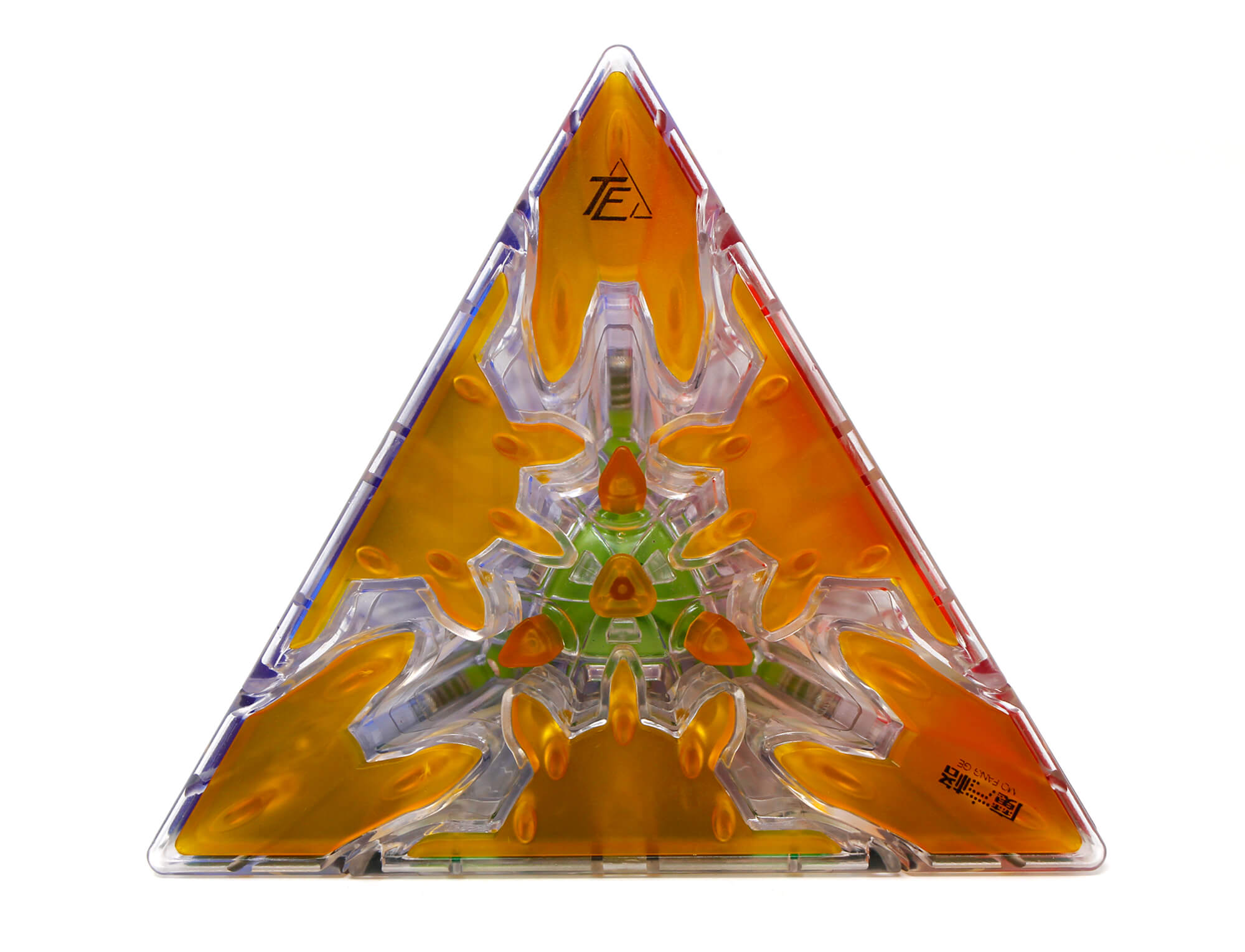 Pyraminx Gear Transparente QiYi — detalhe do topo da pirâmide com engrenagens em evidência