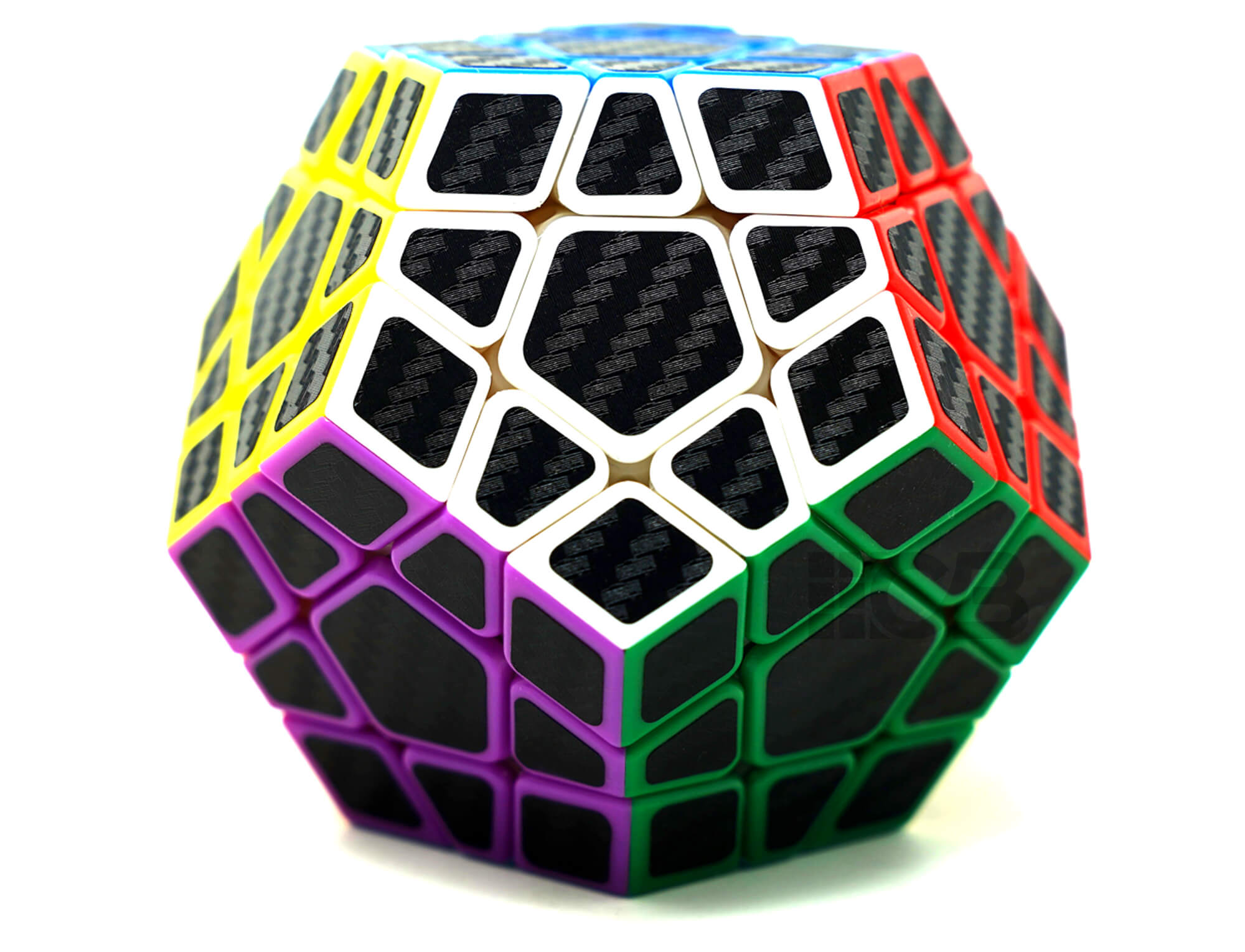 Megaminx Carbono SengSo em vista frontal mostrando as 12 faces coloridas com acabamento fibra de carbono nos centros