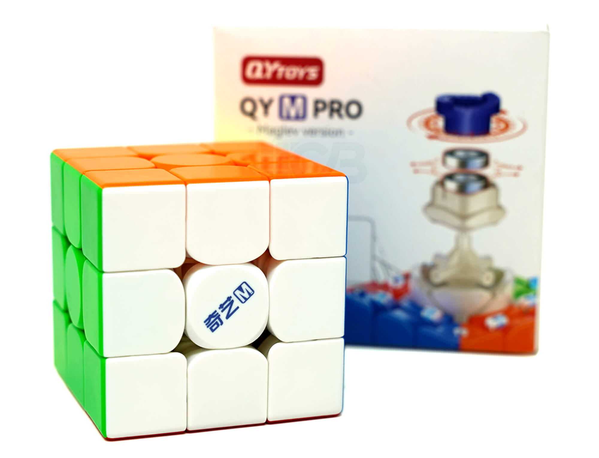 Cubo Mágico 3x3 QiYi M Pro MagLev em ângulo lateral destacando a estrutura das peças coloridas