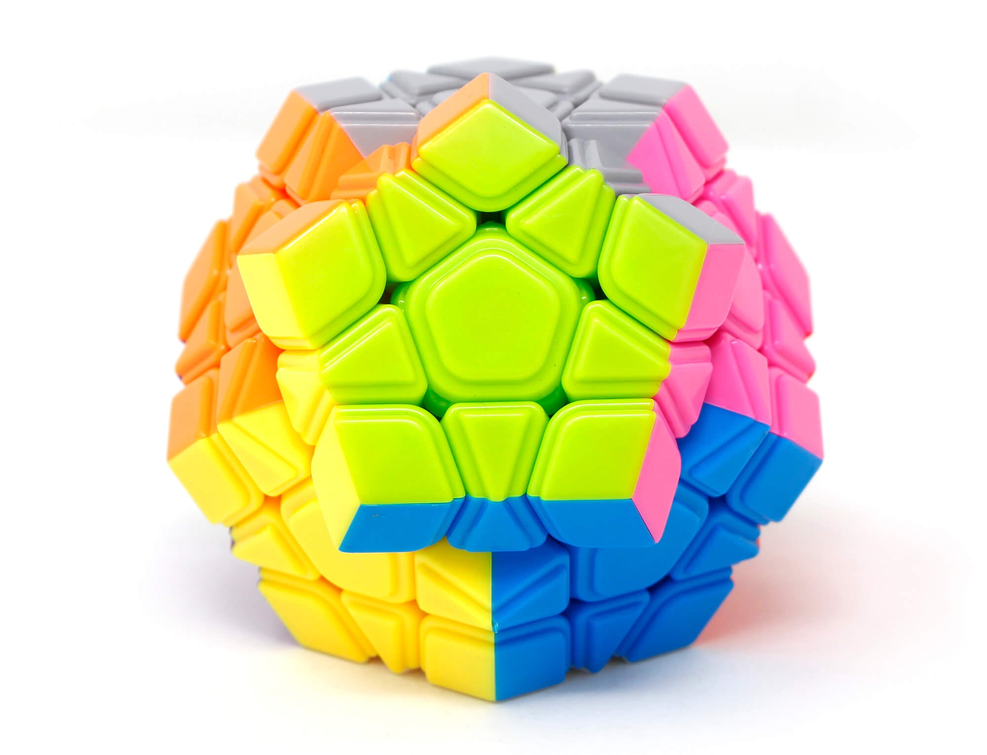 Megaminx Meilong MoYu stickerless — detalhe das peças coloridas e mecanismo de giro