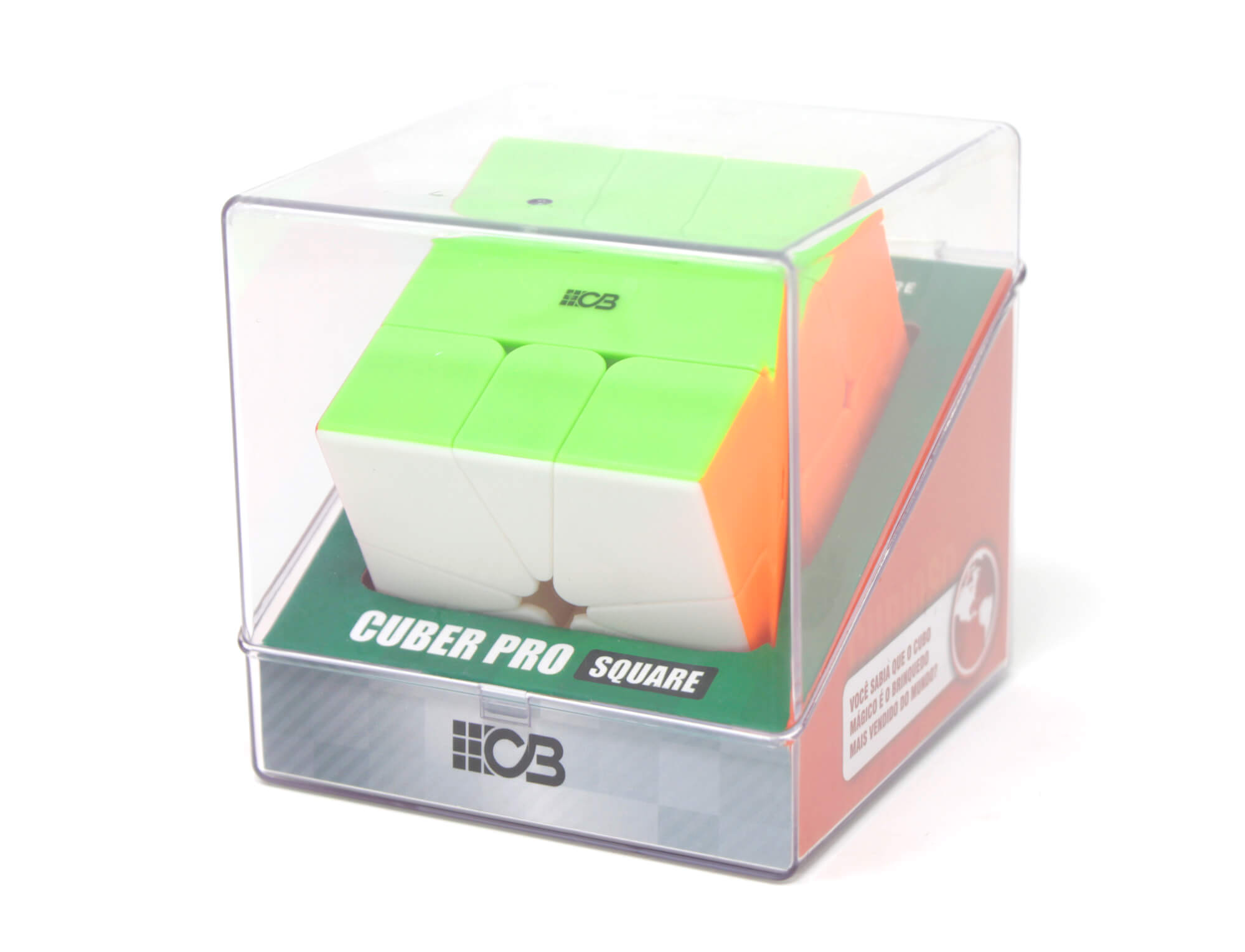 Square-1 Color Cuber Pro com peças coloridas stickerless, vista frontal em posição resolvida