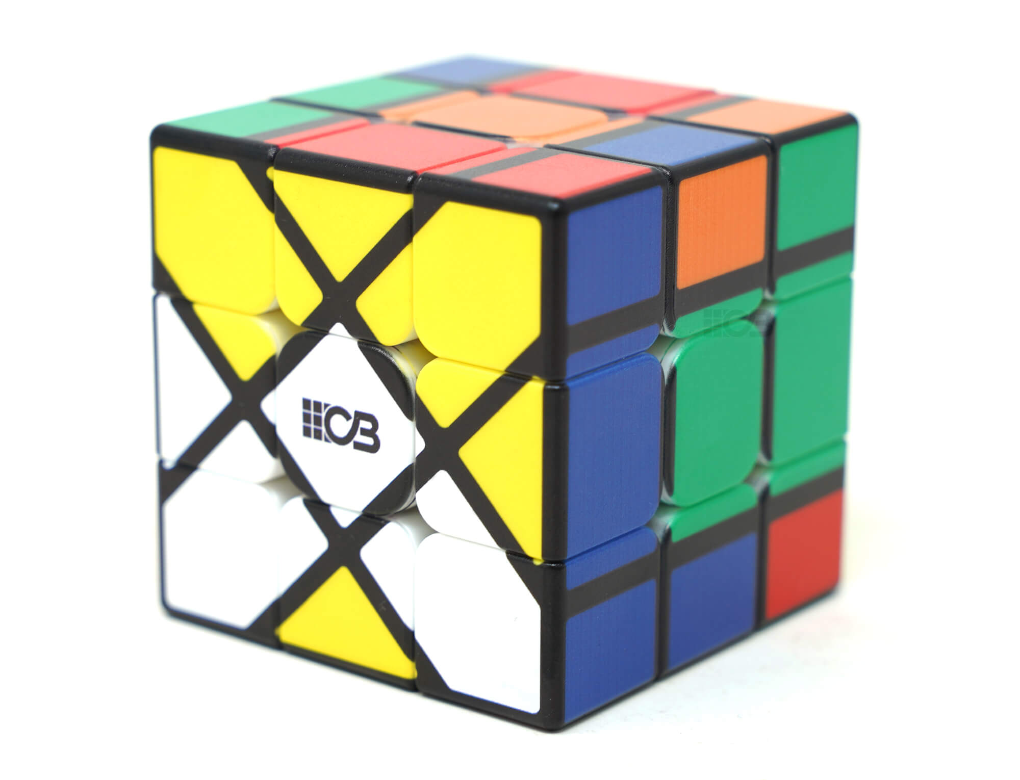 Fisher Cube 3x3 com personalização UV, vista frontal mostrando geometria girada 45°