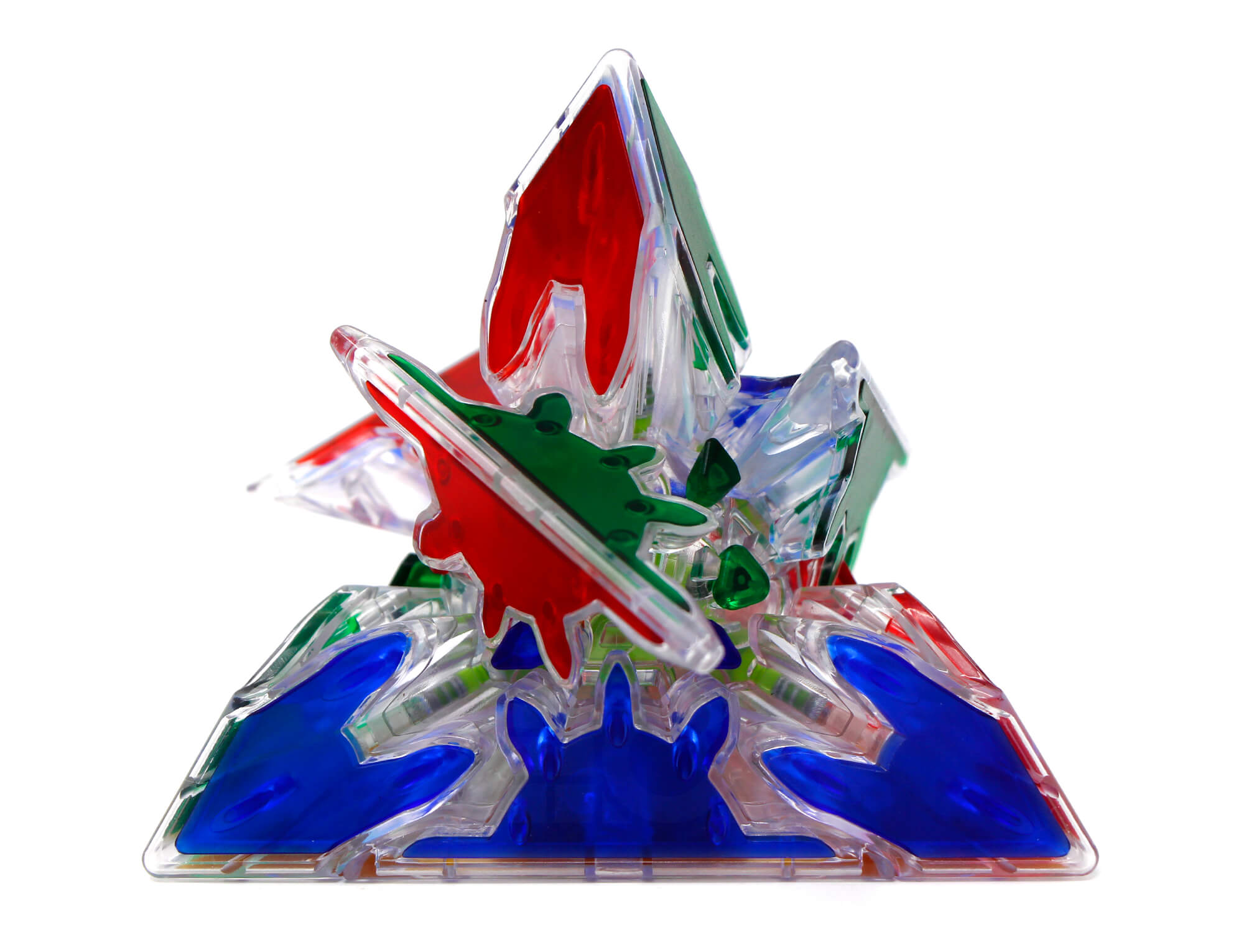 Pyraminx Gear Transparente QiYi — vista frontal mostrando as engrenagens internas visíveis