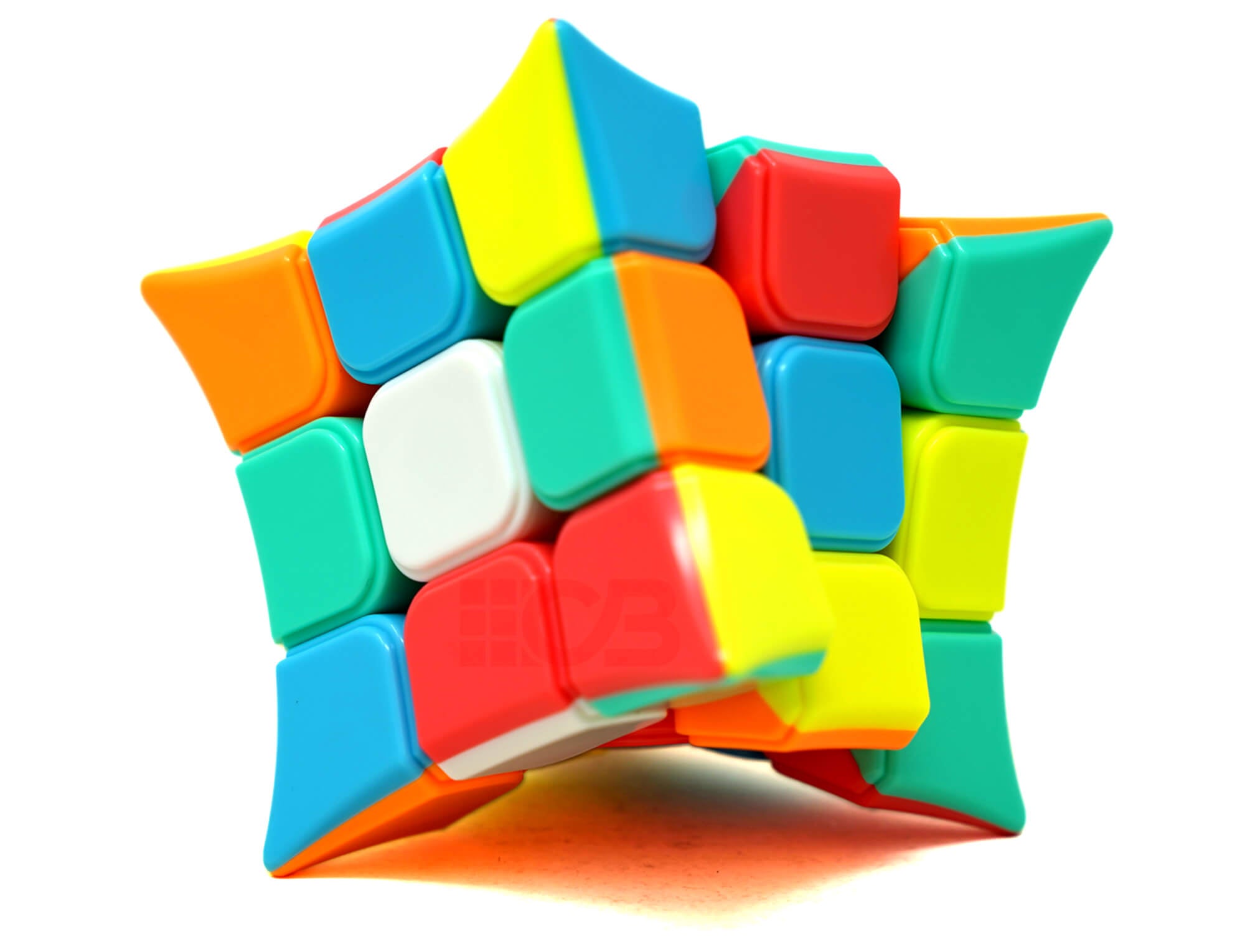 Cubo Mágico 3x3 Côncavo Pastel YJ visto de frente, com faces côncavas e cores suaves em azul, rosa, verde e amarelo