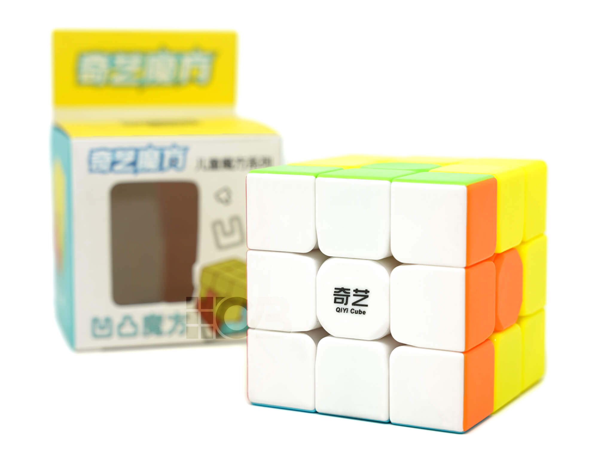 Vista lateral do Cubo Mágico Kids UT QiYi mostrando as peças coloridas stickerless