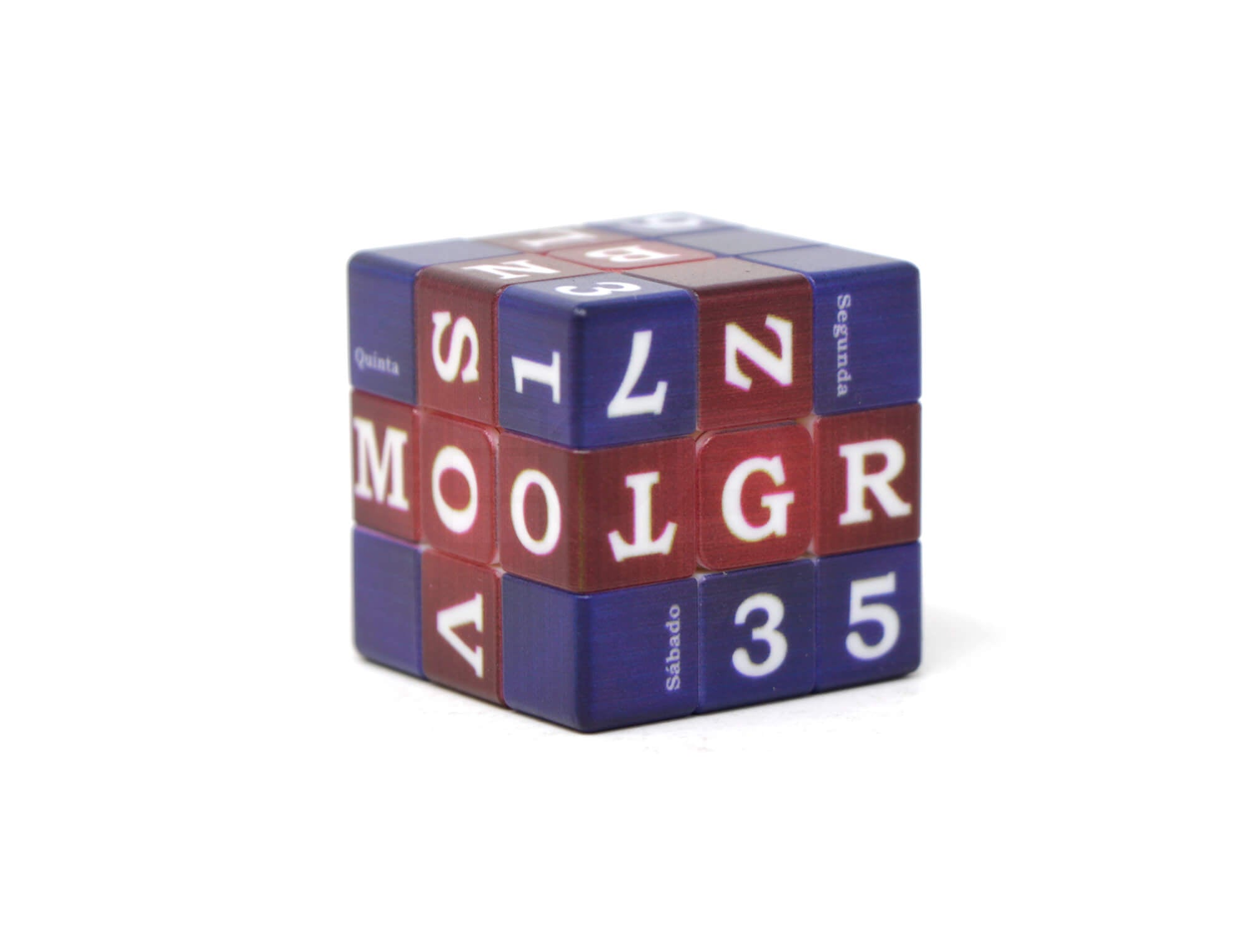 Vista lateral do Cubo Mágico Calendário Mini 30 mm com impressão UV personalizada