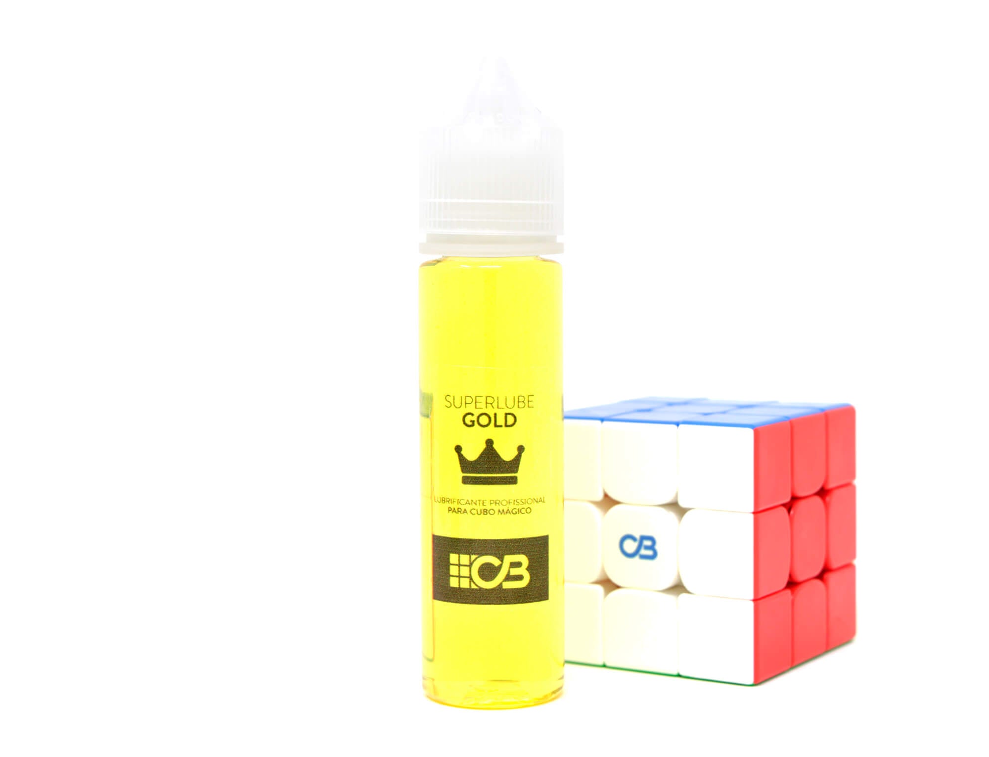 Detalhe do rótulo e tampa do Lubrificante Gold Cuber Pro 60 ml