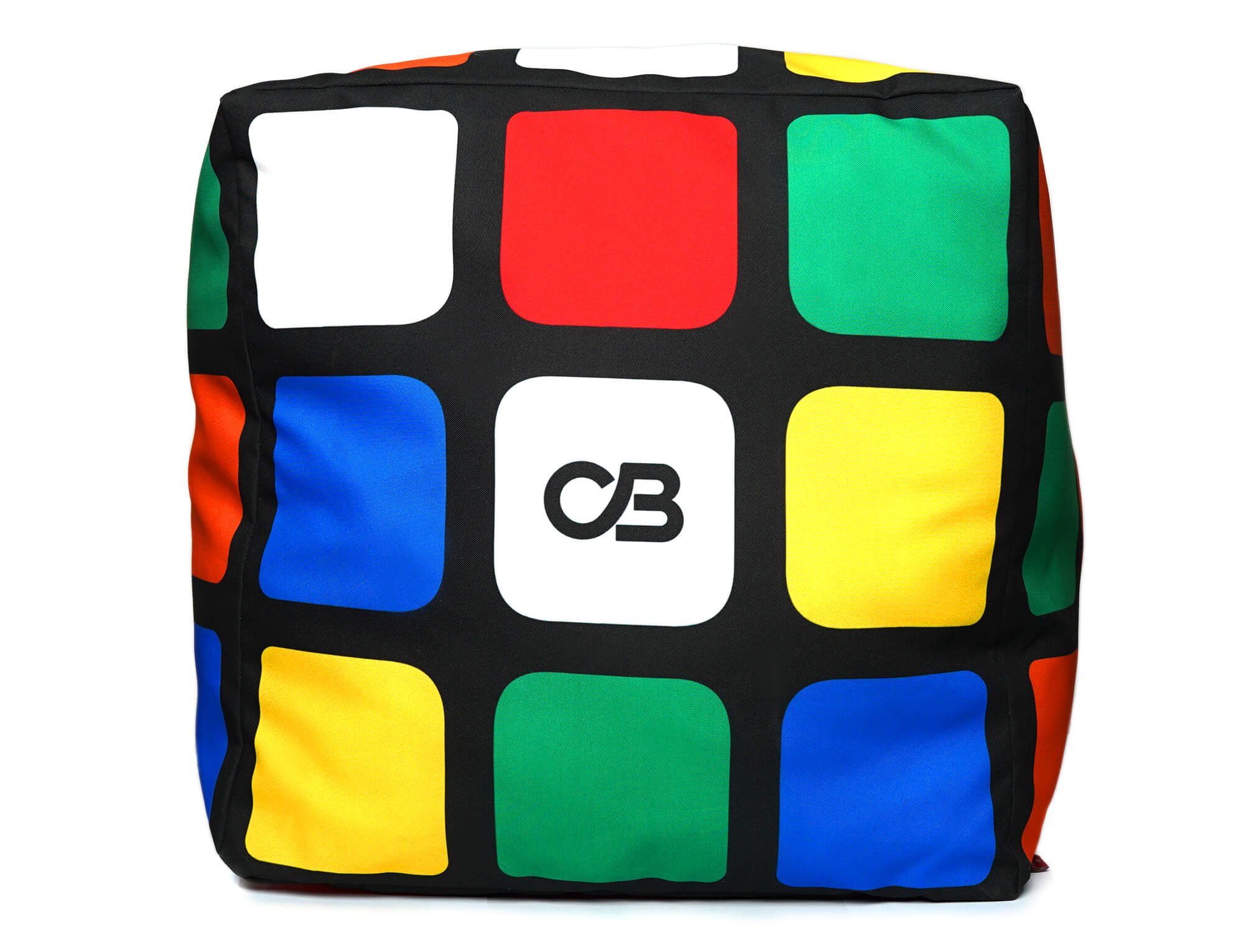 Almofada Cubo Mágico gigante de 40 cm com impressão colorida nos 6 lados sobre fundo branco