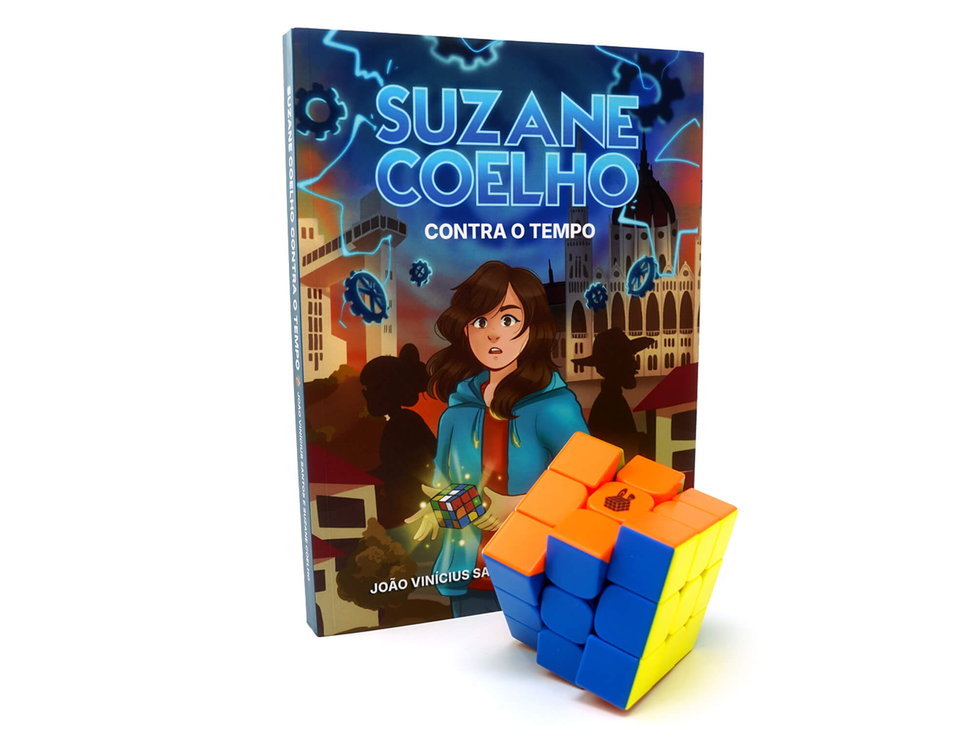 Kit SC Plus: Cubo Mágico RS3M 2020 Magnético e livro Suzane Coelho Contra o Tempo sobre fundo branco