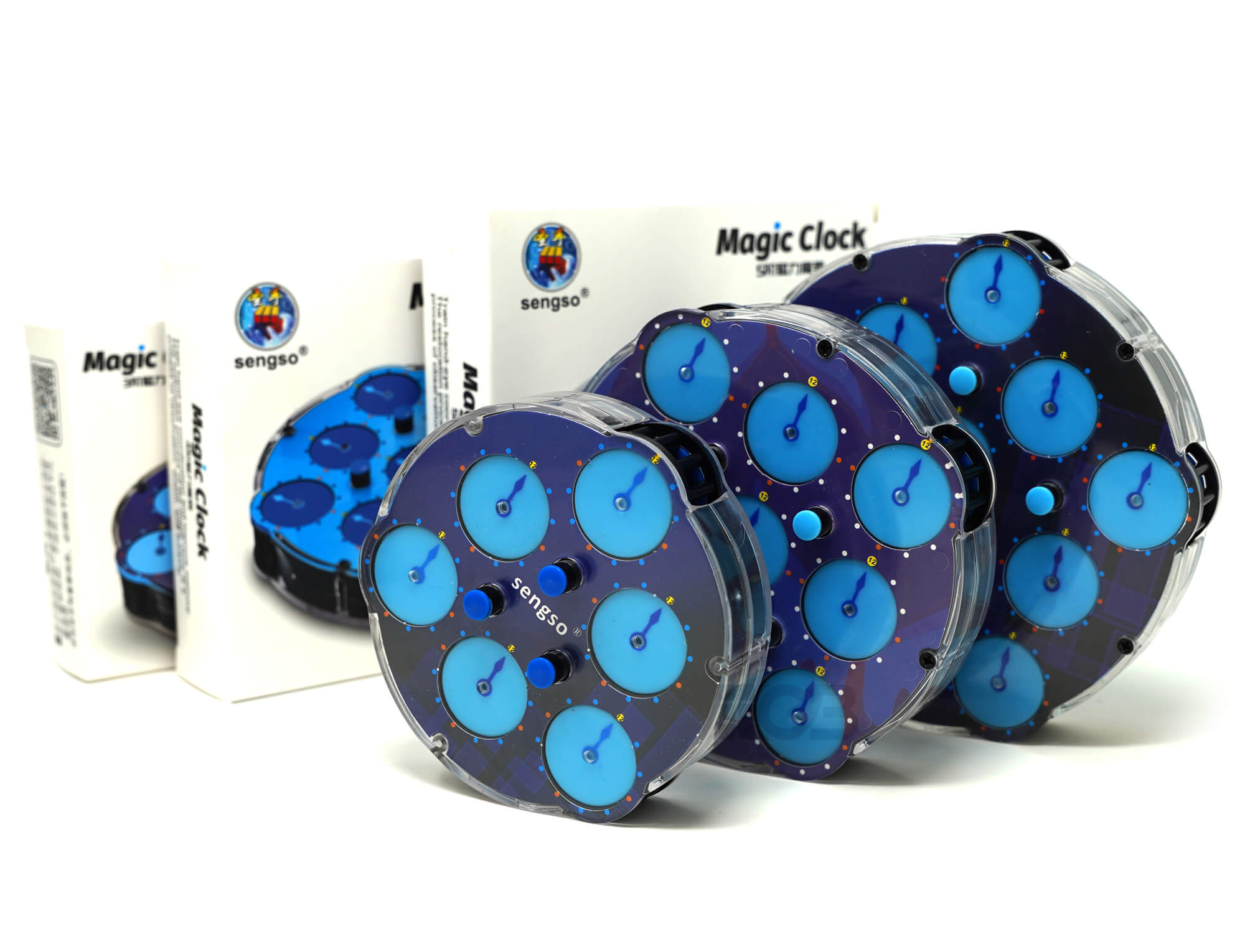 Kit com 3 Magic Clocks SengSo — vista frontal das três unidades juntas