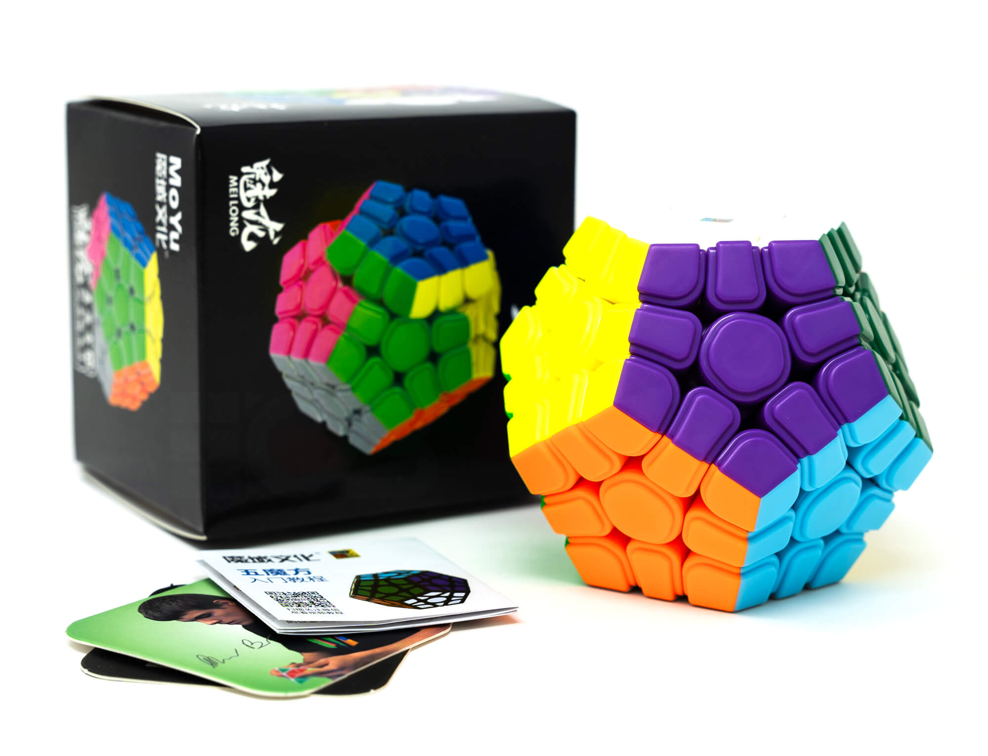 Megaminx Meilong MoYu em ângulo lateral destacando as peças coloridas e estrutura dodecaédrica