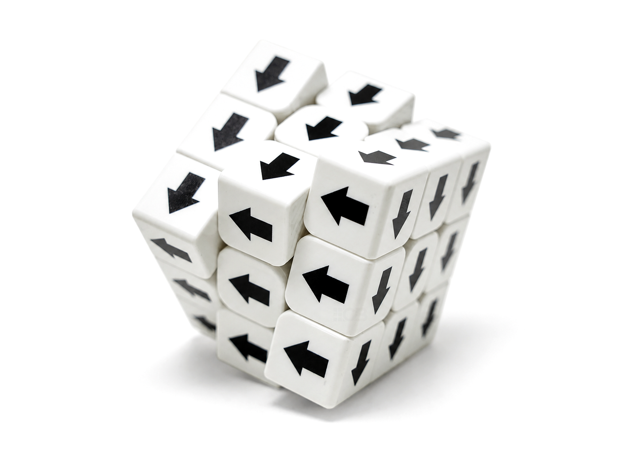 Cubo Mágico Setas Vinci Cube Branco em perspectiva, mostrando o padrão impresso nas faces