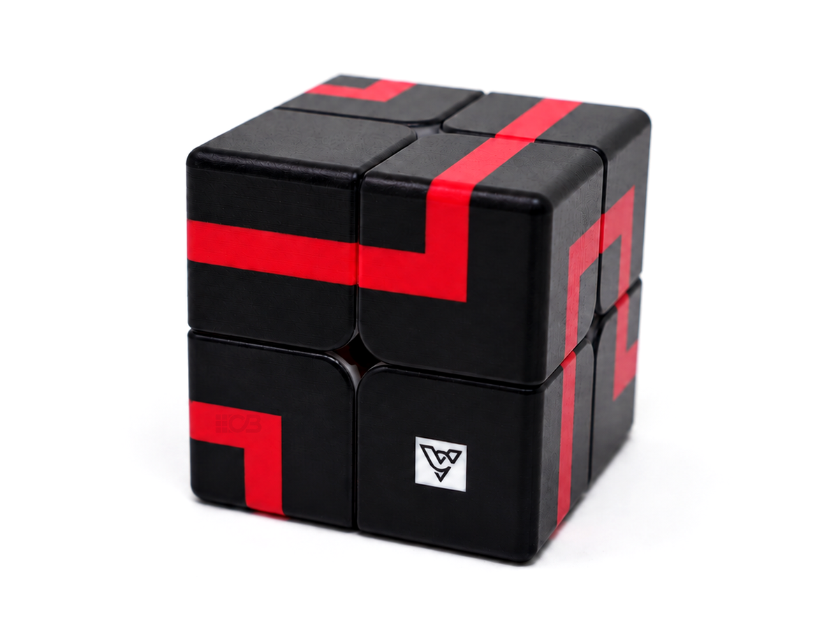 Cubo mágico 2x2 Maze Vinci Cube vermelho montado, com linhas vermelhas sobre fundo preto