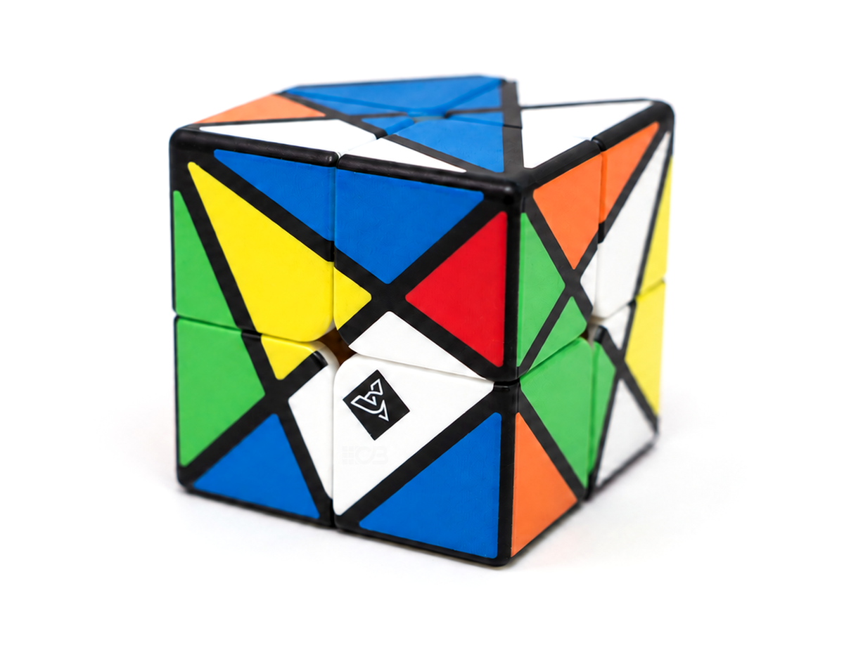 Cubo mágico 2x2 Axis Vinci Cube montado, com arte geométrica multicolorida nas faces