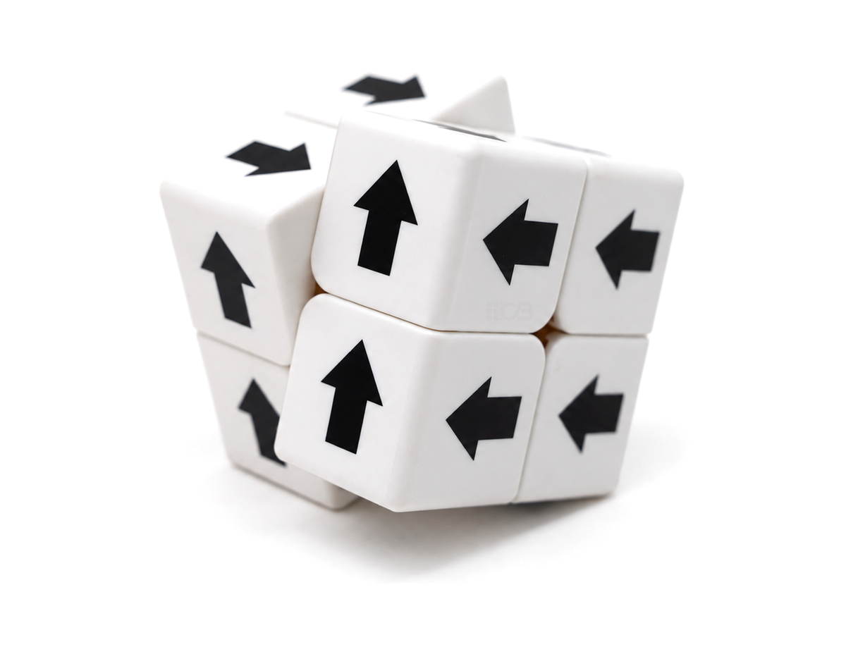 Cubo mágico 2x2 Setas Vinci Cube branco girado, com setas pretas nas faces