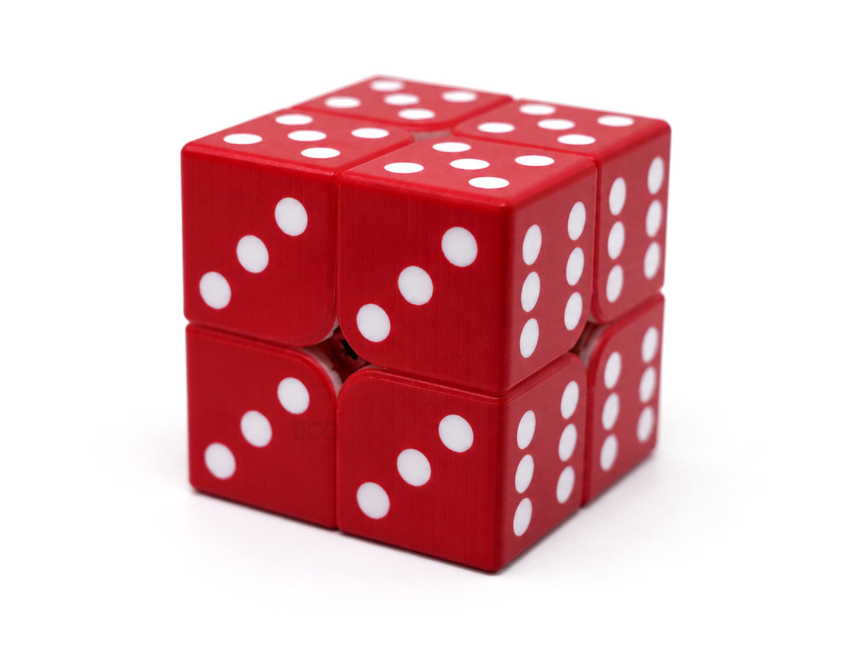 Cubo mágico 2x2 Dado Vinci Cube vermelho montado, com pontos brancos nas faces